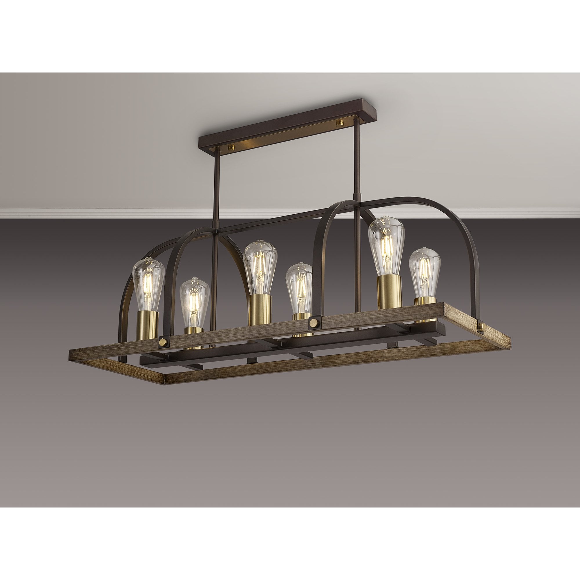 Fabula Faversham 6 Light Oblong Pendant - Antique Bronze, Brown Oxide & Wood