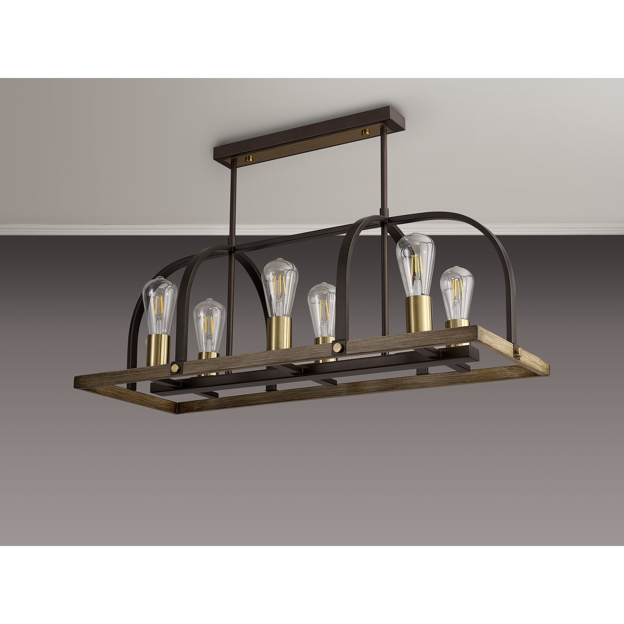 Fabula Faversham 6 Light Oblong Pendant - Antique Bronze, Brown Oxide & Wood