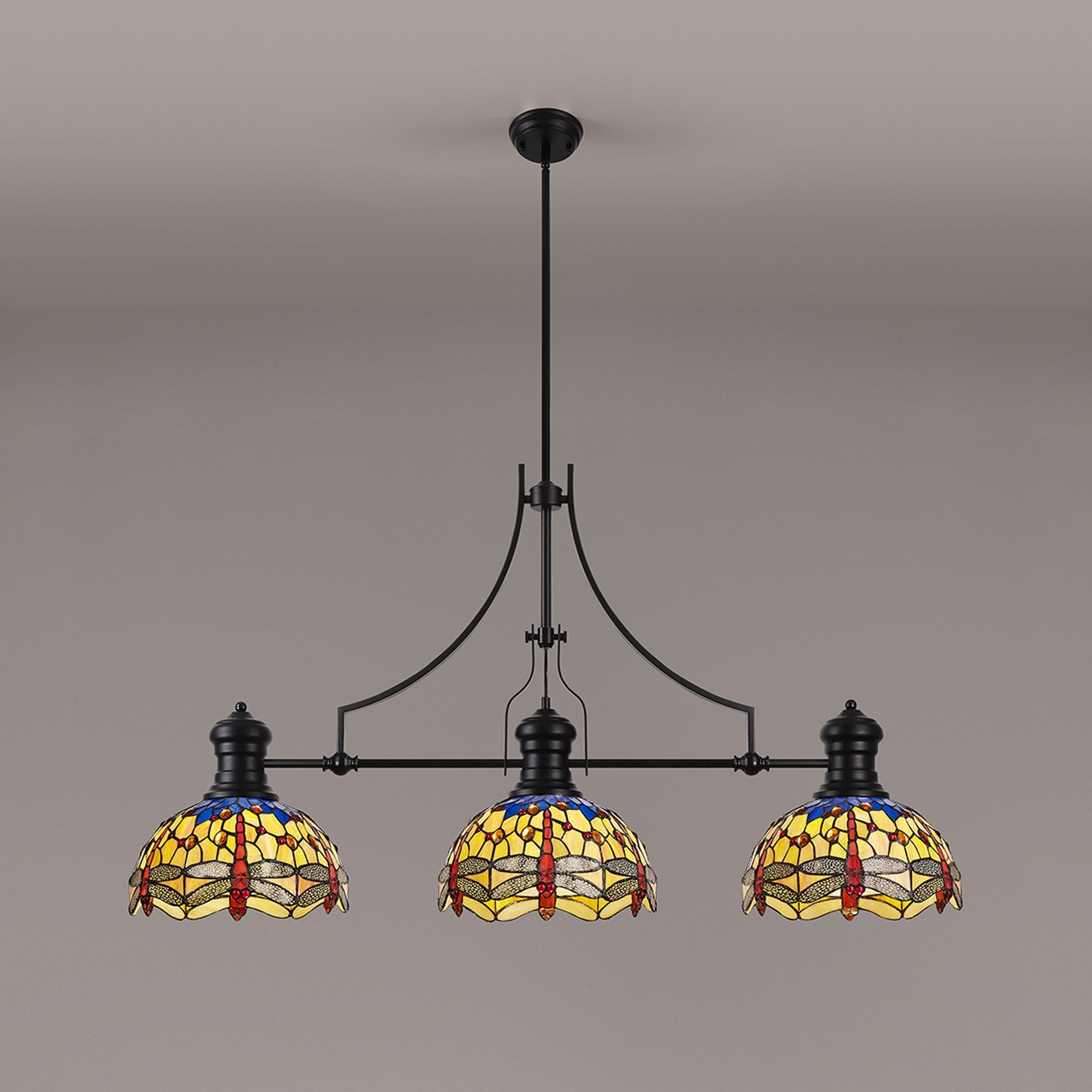 Fabula Hornbeam 3 Light Linear Pendant - 30cm Tiffany Shade - Matt Black, Blue & Orange