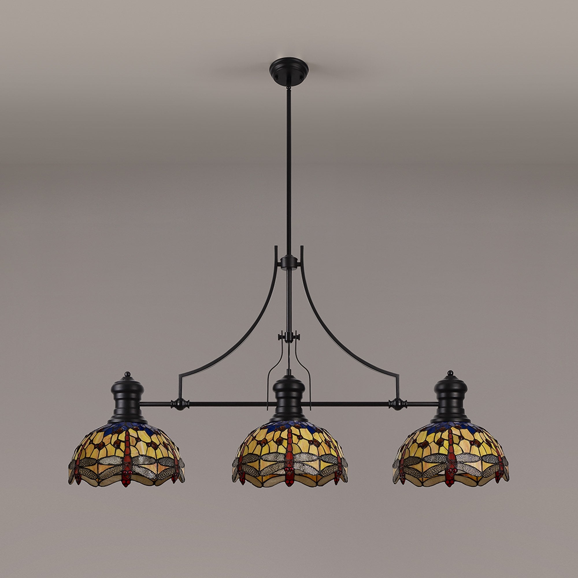 Fabula Hornbeam 3 Light Linear Pendant - 30cm Tiffany Shade - Matt Black, Blue & Orange