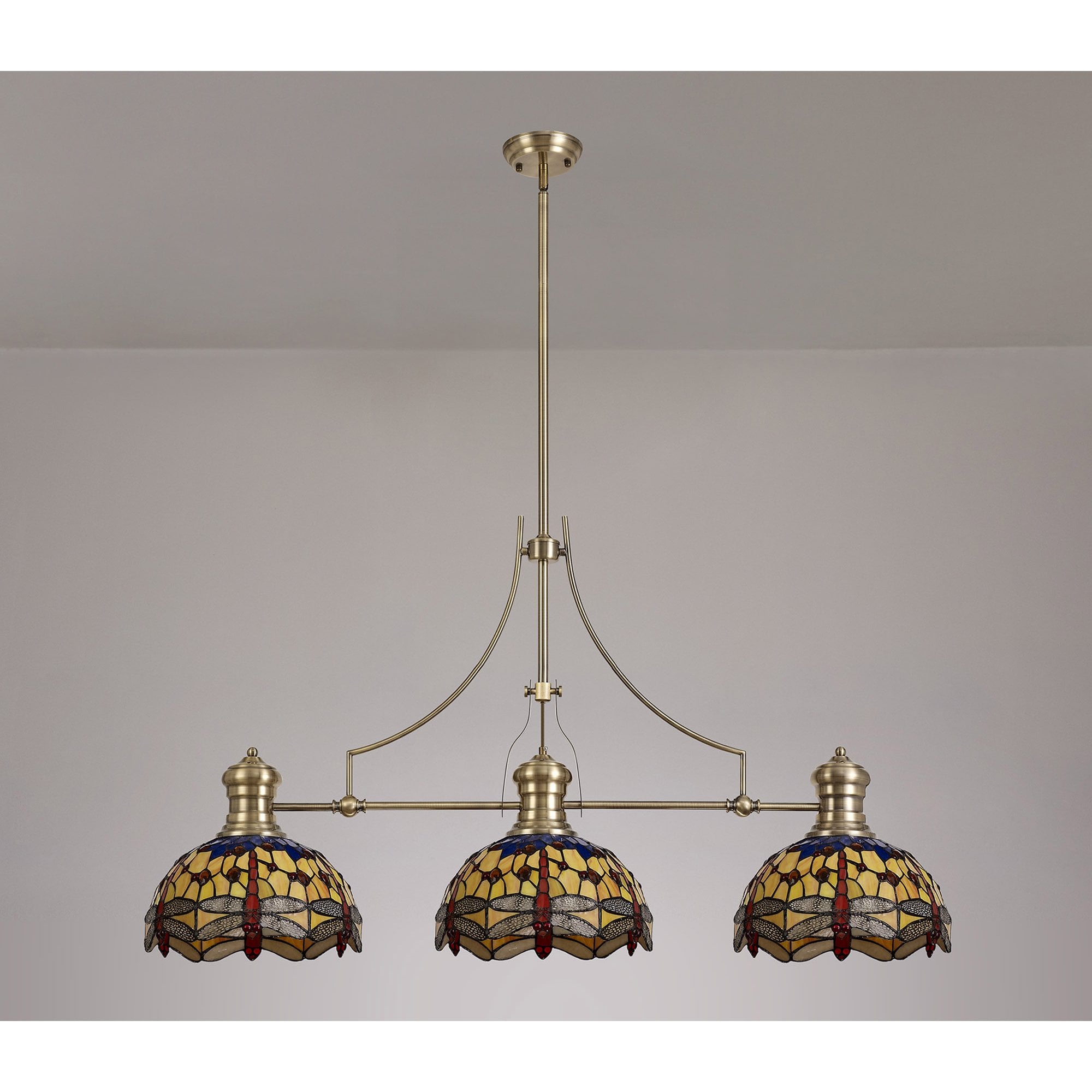 Fabula Hornbeam 3 Light Linear Pendant - 30cm Tiffany Shade - Antique Brass, Blue & Orange