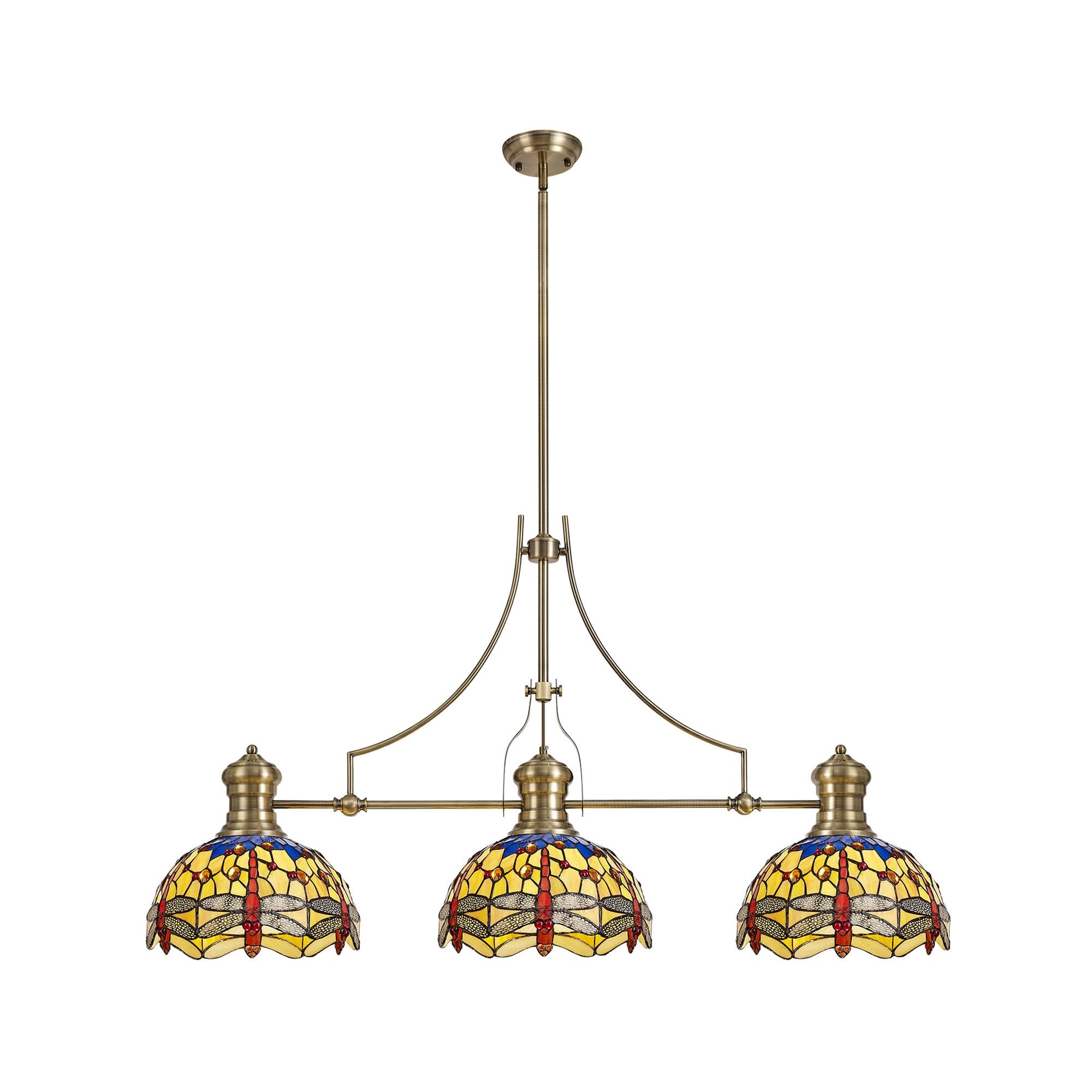 Fabula Hornbeam 3 Light Linear Pendant - 30cm Tiffany Shade - Antique Brass, Blue & Orange