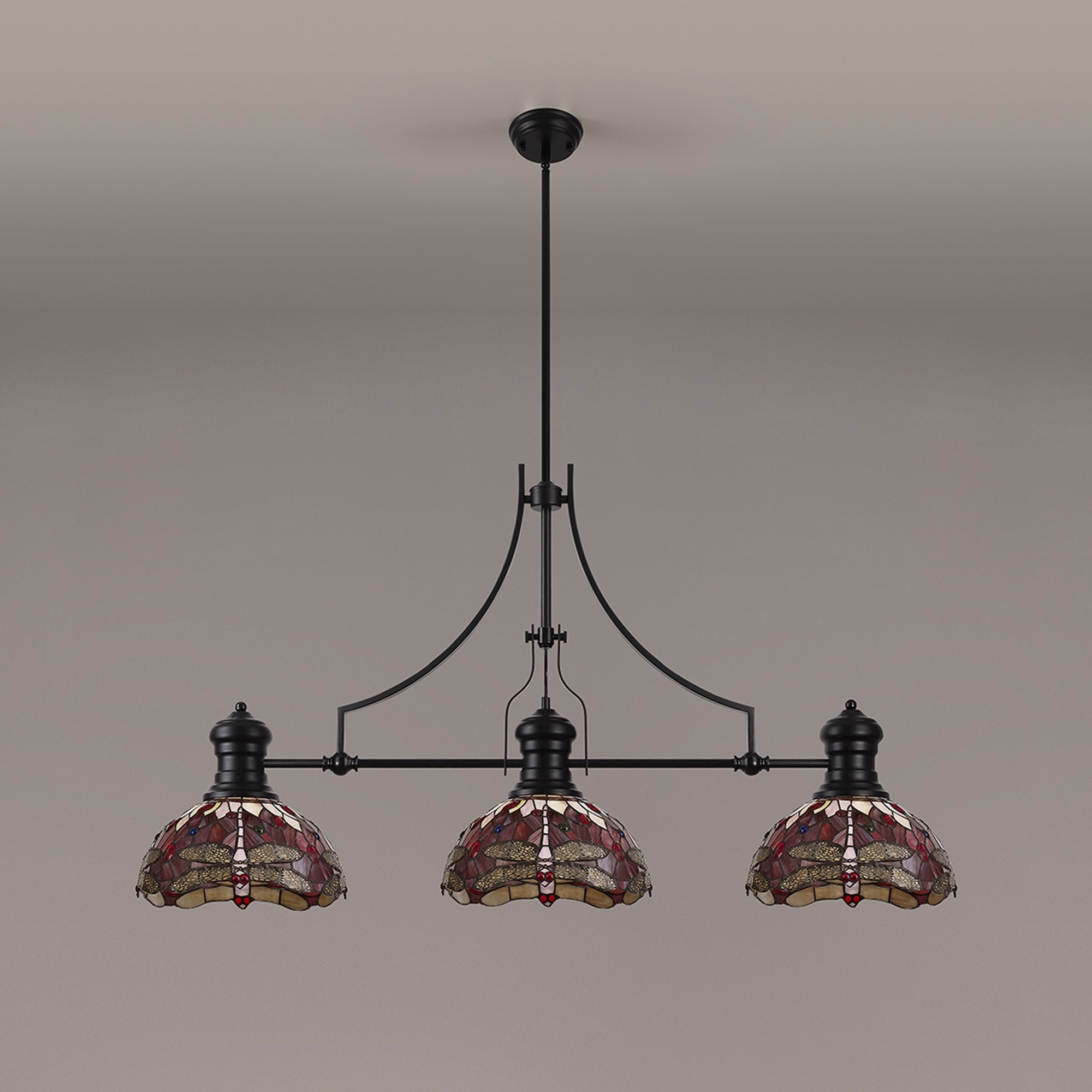 Fabula Hornbeam 3 Light Linear Matt Black Pendant - 30cm Tiffany Shade - Purple & Pink