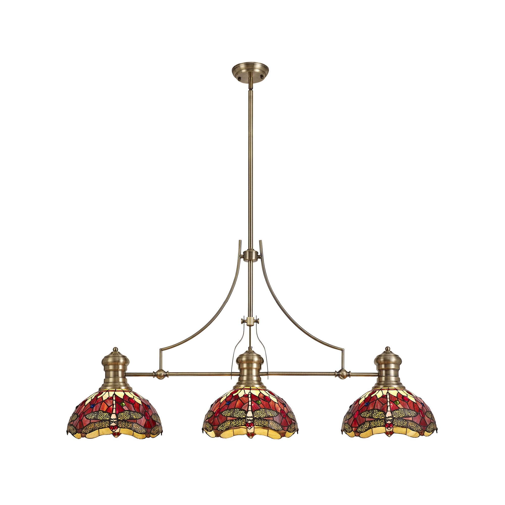 Fabula Hornbeam 3 Light Linear Antique Brass Pendant - 30cm Tiffany Shade - Purple & Pink