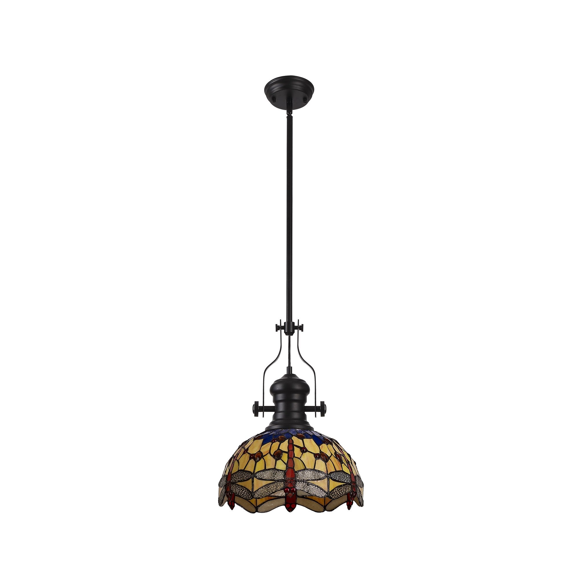 Fabula Hornbeam Matt Black Single Pendant - 30cm Tiffany Shade - Blue & Orange