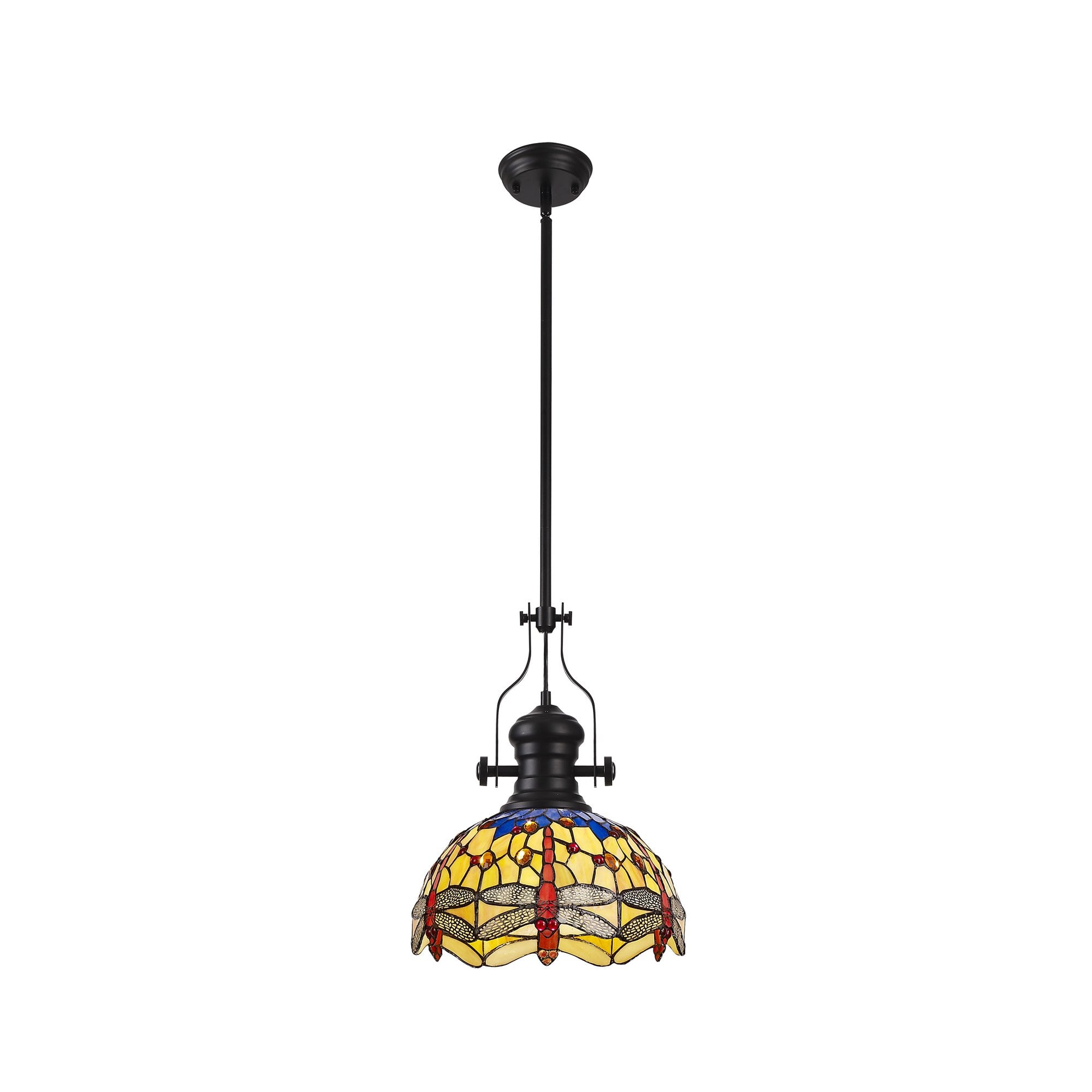Fabula Hornbeam Matt Black Single Pendant - 30cm Tiffany Shade - Blue & Orange