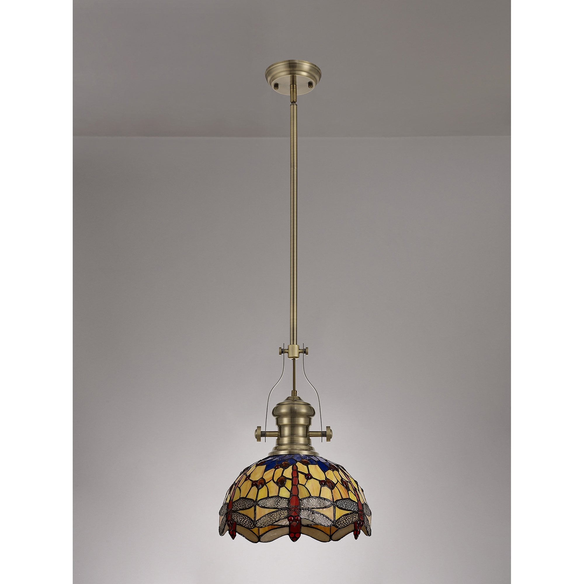 Fabula Hornbeam Antique Brass Single Pendant - 30cm Tiffany Shade - Blue & Orange