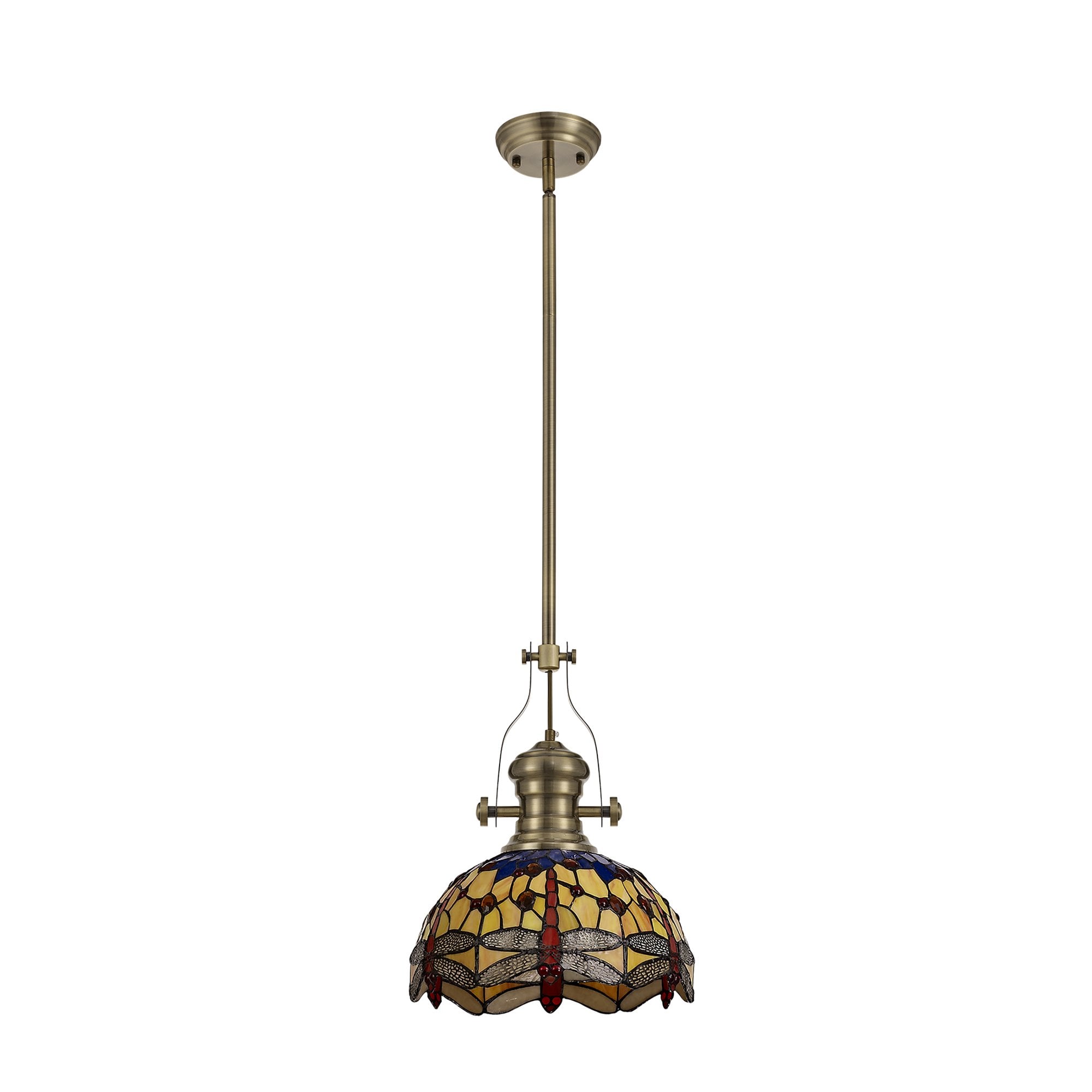 Fabula Hornbeam Antique Brass Single Pendant - 30cm Tiffany Shade - Blue & Orange