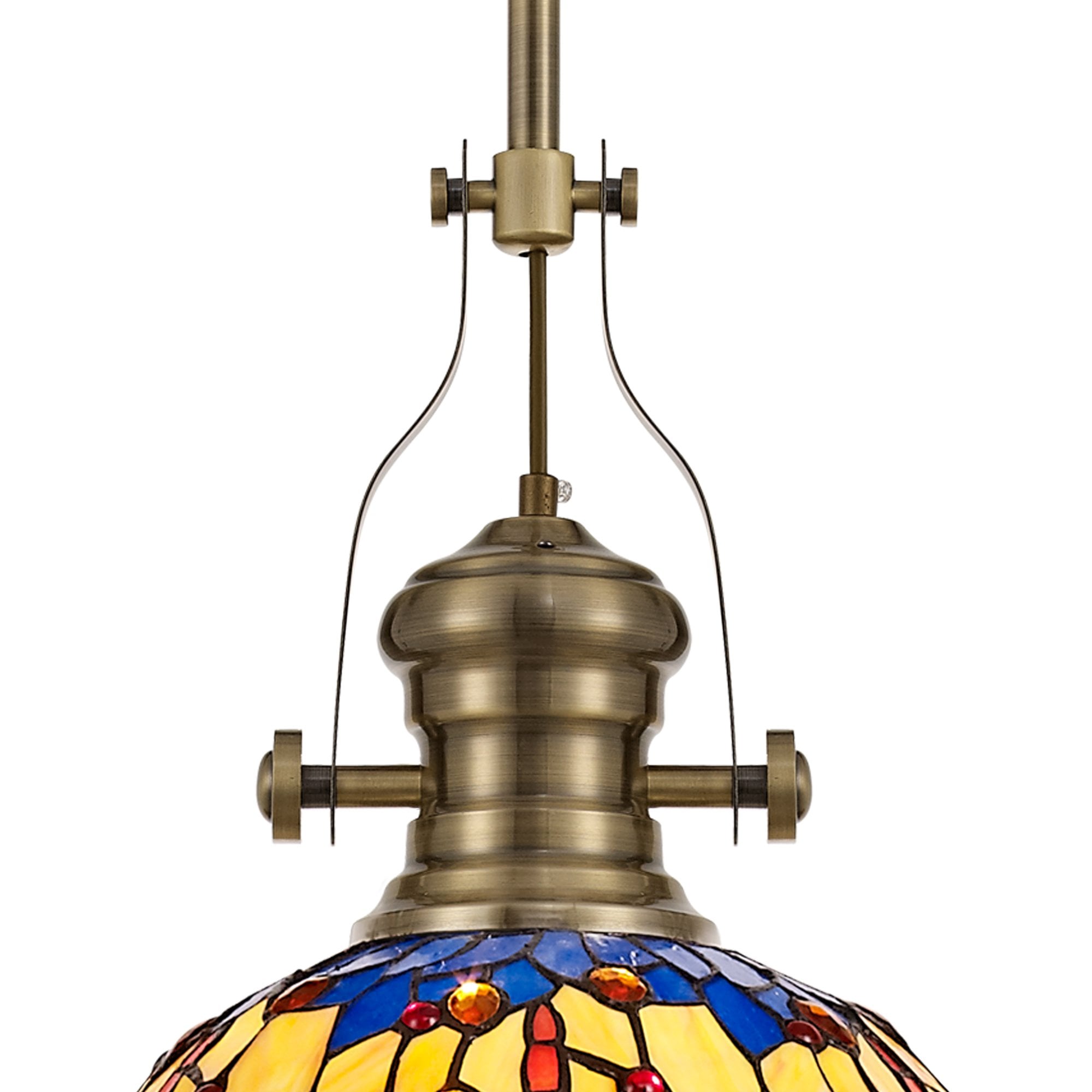 Fabula Hornbeam Antique Brass Single Pendant - 30cm Tiffany Shade - Blue & Orange