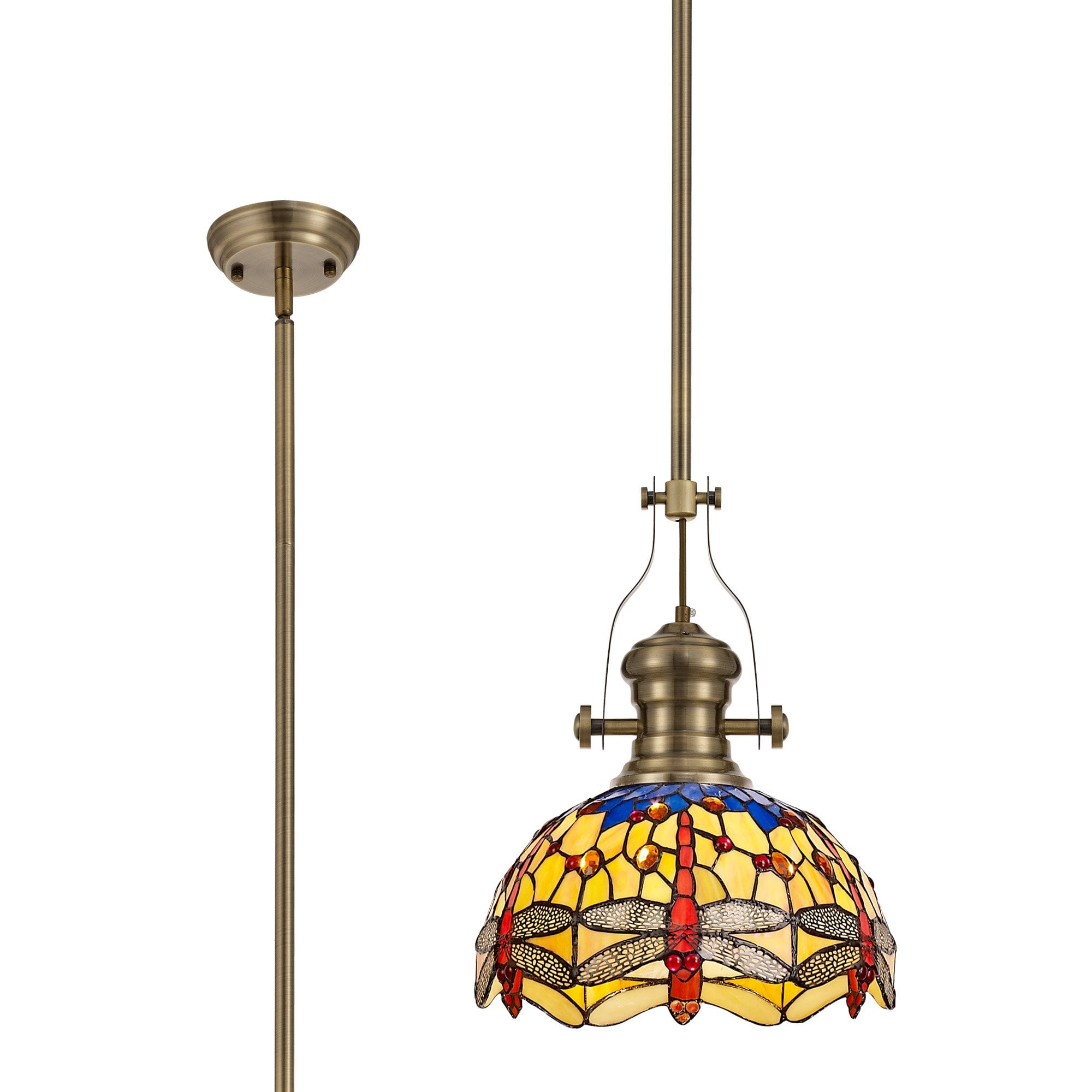 Fabula Hornbeam Antique Brass Single Pendant - 30cm Tiffany Shade - Blue & Orange