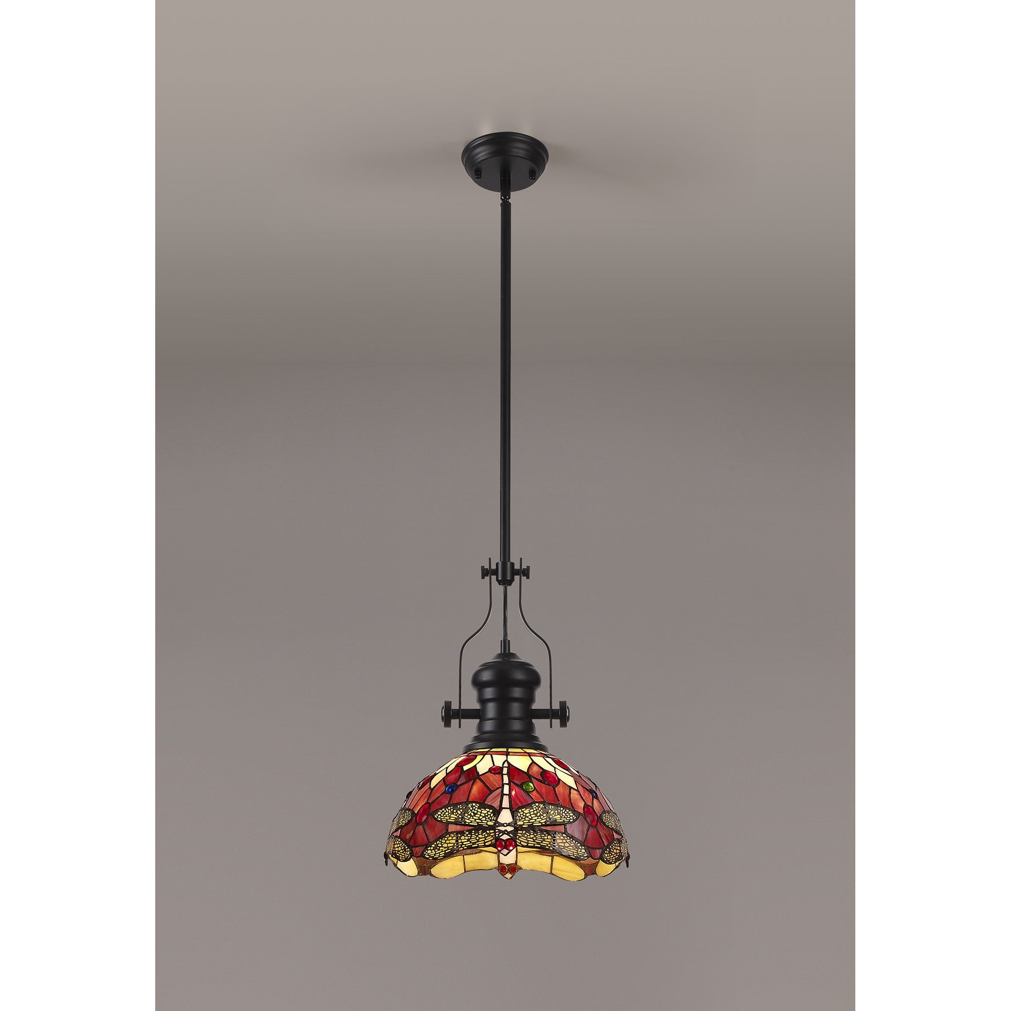 Fabula Hornbeam Matt Black Single Pendant - 30cm Tiffany Shade - Purple & Pink