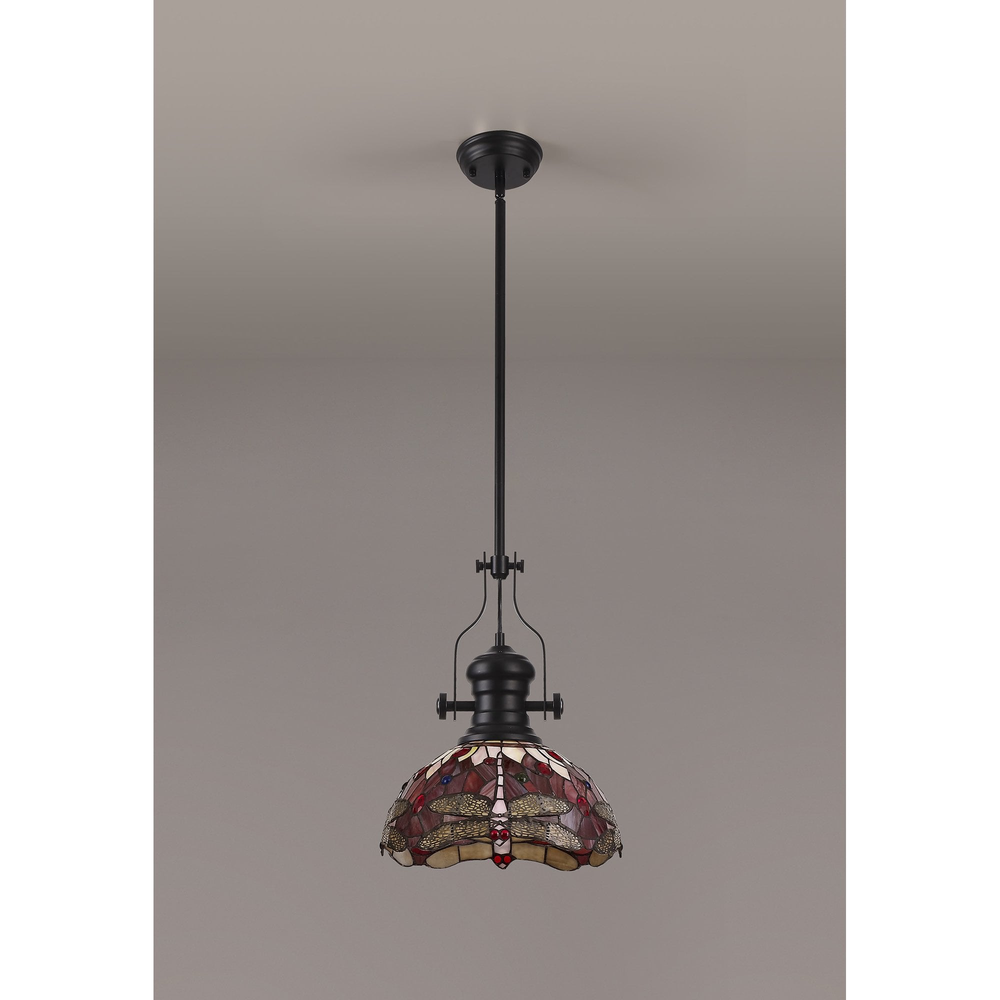 Fabula Hornbeam Matt Black Single Pendant - 30cm Tiffany Shade - Purple & Pink