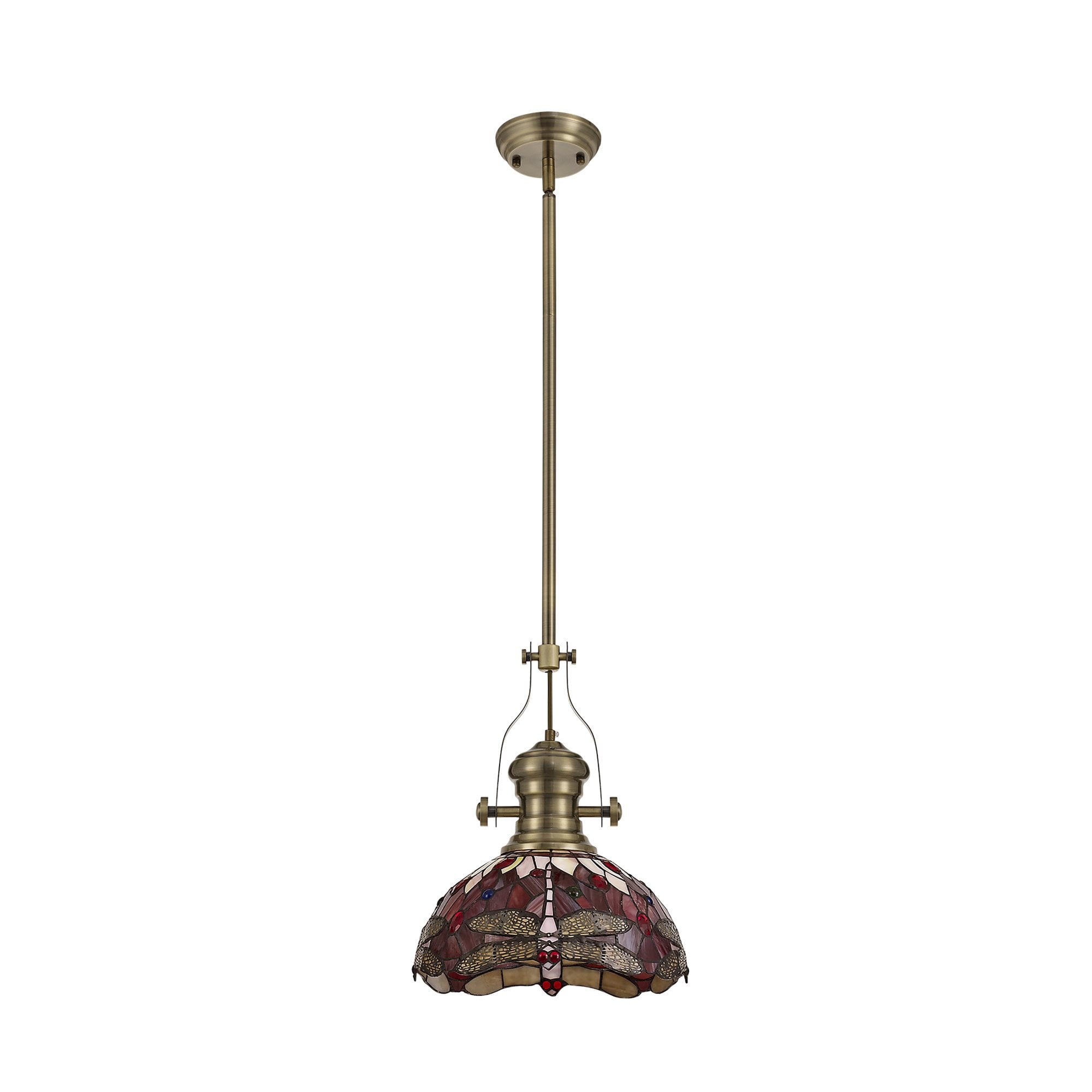 Fabula Hornbeam Antique Brass Single Pendant - 30cm Tiffany Shade - Purple & Pink