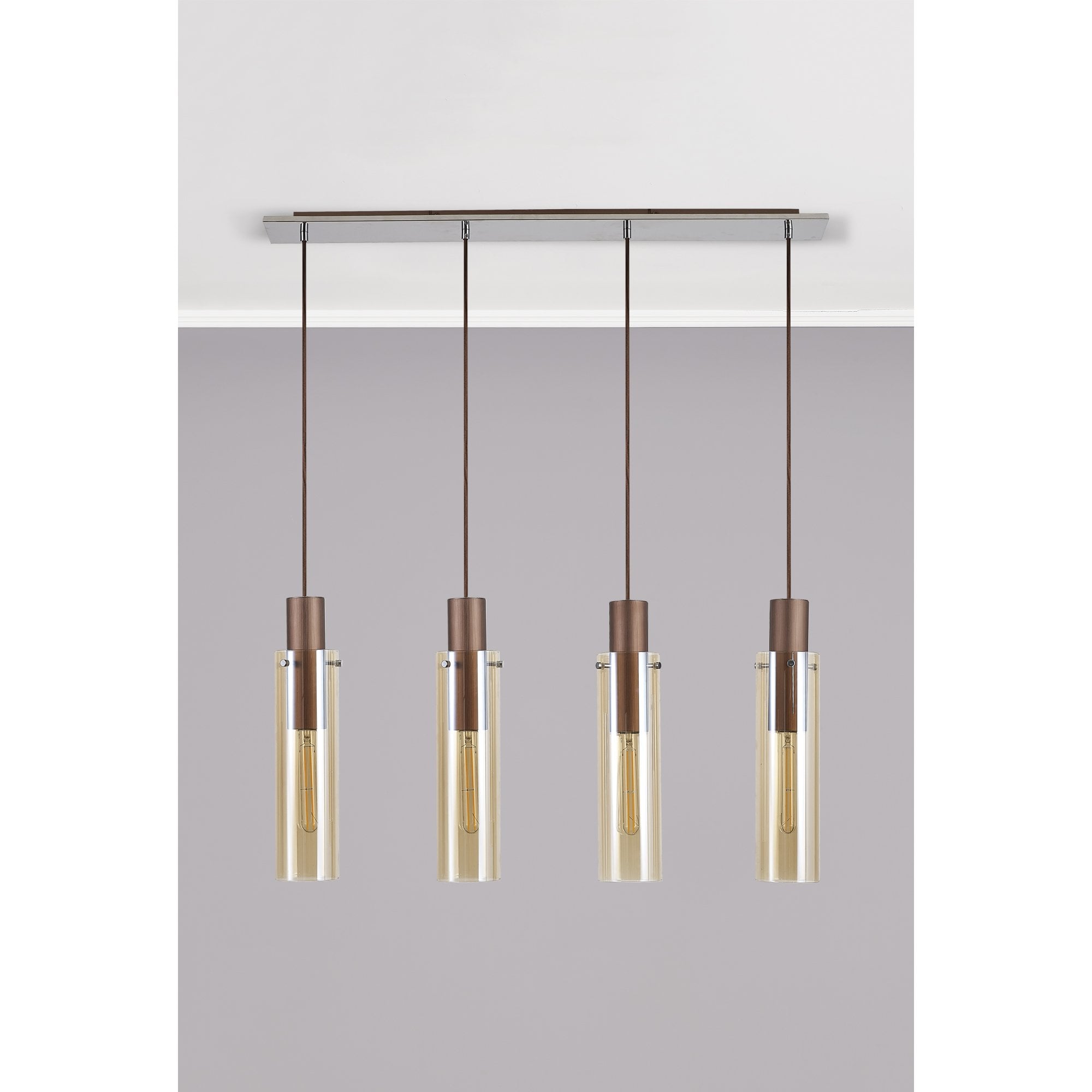 Fabula Kingfisher Adjustable 4 Light Linear Pendant - Mocha & Amber Glass
