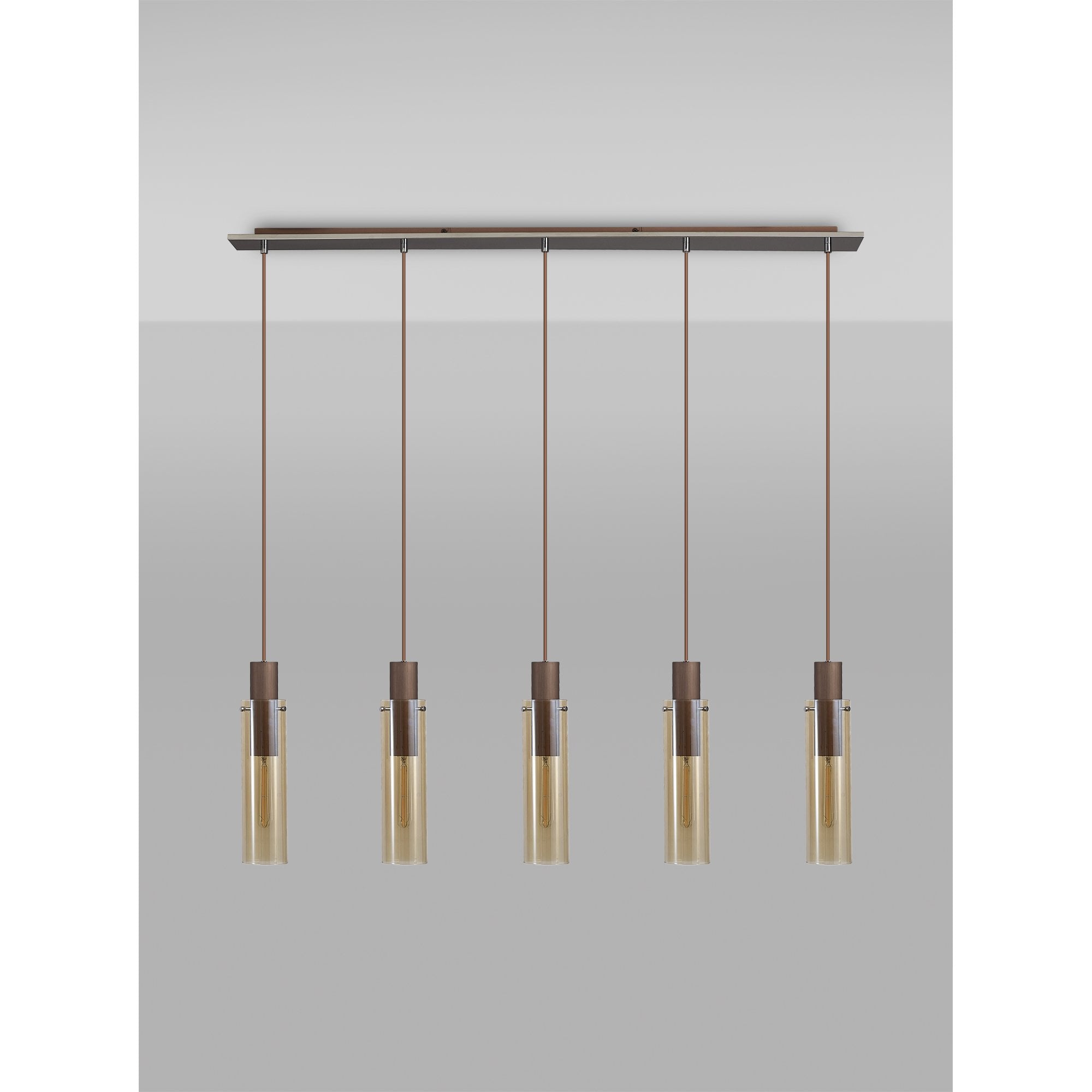 Fabula Kingfisher Adjustable 5 Light Linear Pendant - Mocha & Amber Glass