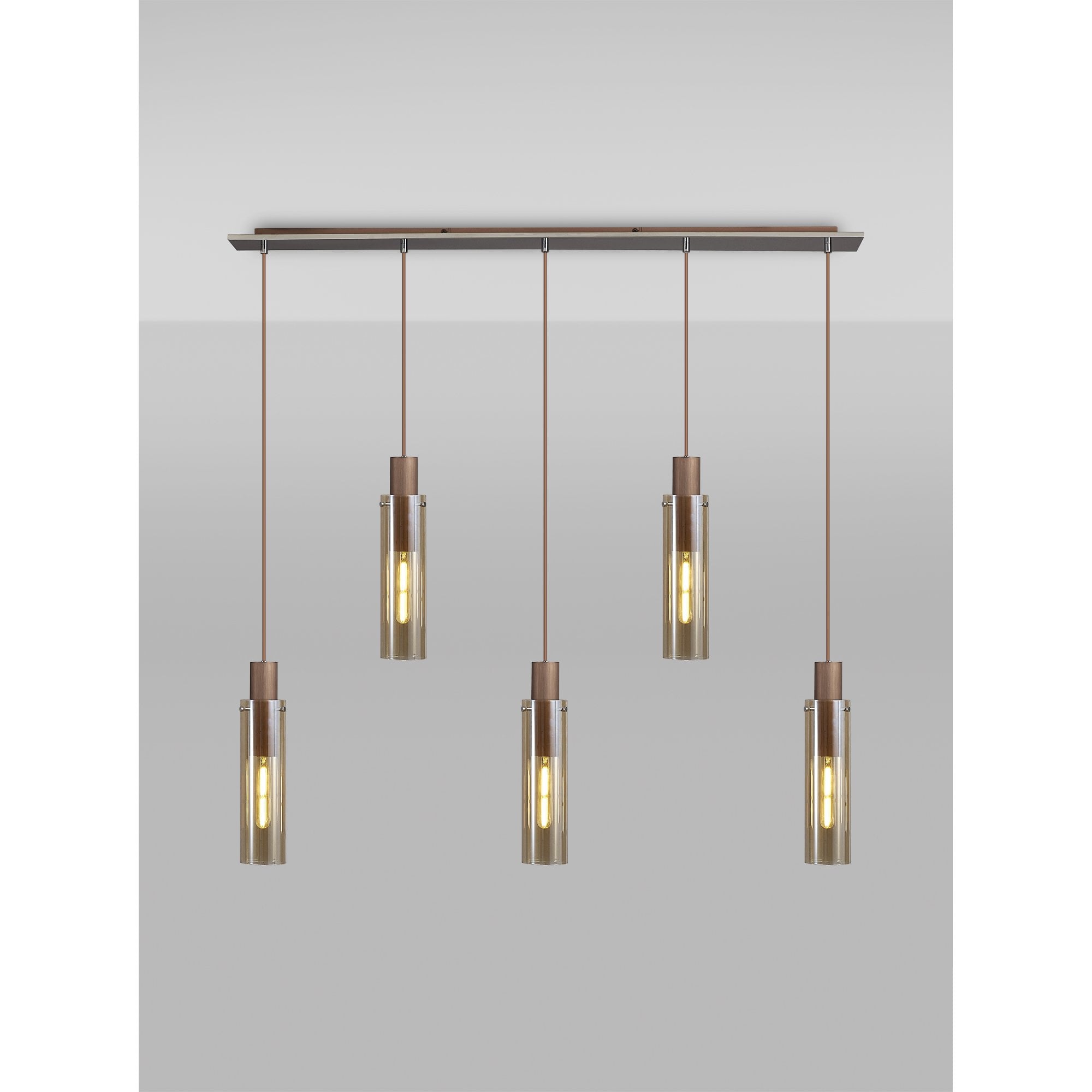 Fabula Kingfisher Adjustable 5 Light Linear Pendant - Mocha & Amber Glass