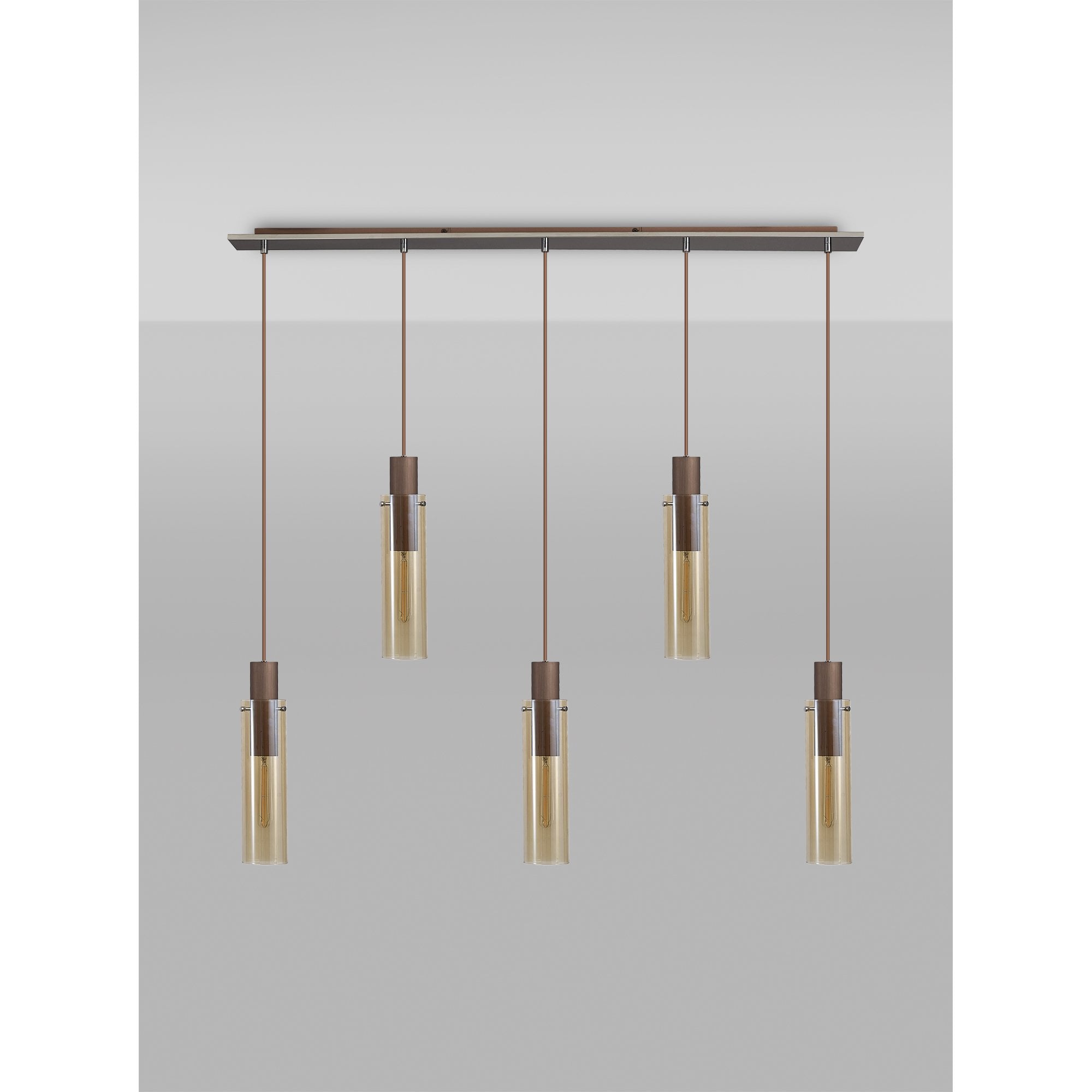 Fabula Kingfisher Adjustable 5 Light Linear Pendant - Mocha & Amber Glass