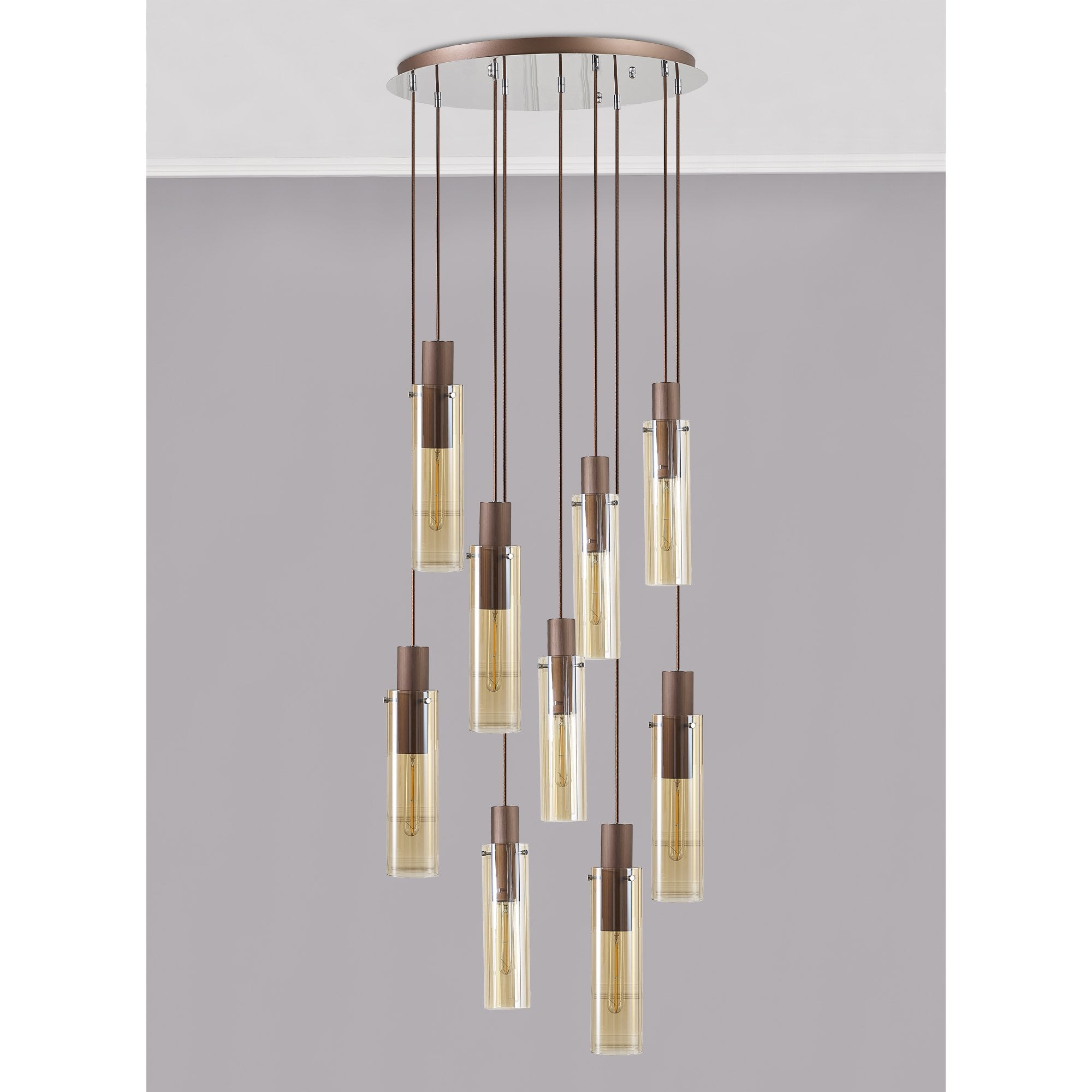 Fabula Kingfisher Adjustable 9 Light Round Pendant - Mocha & Amber Glass
