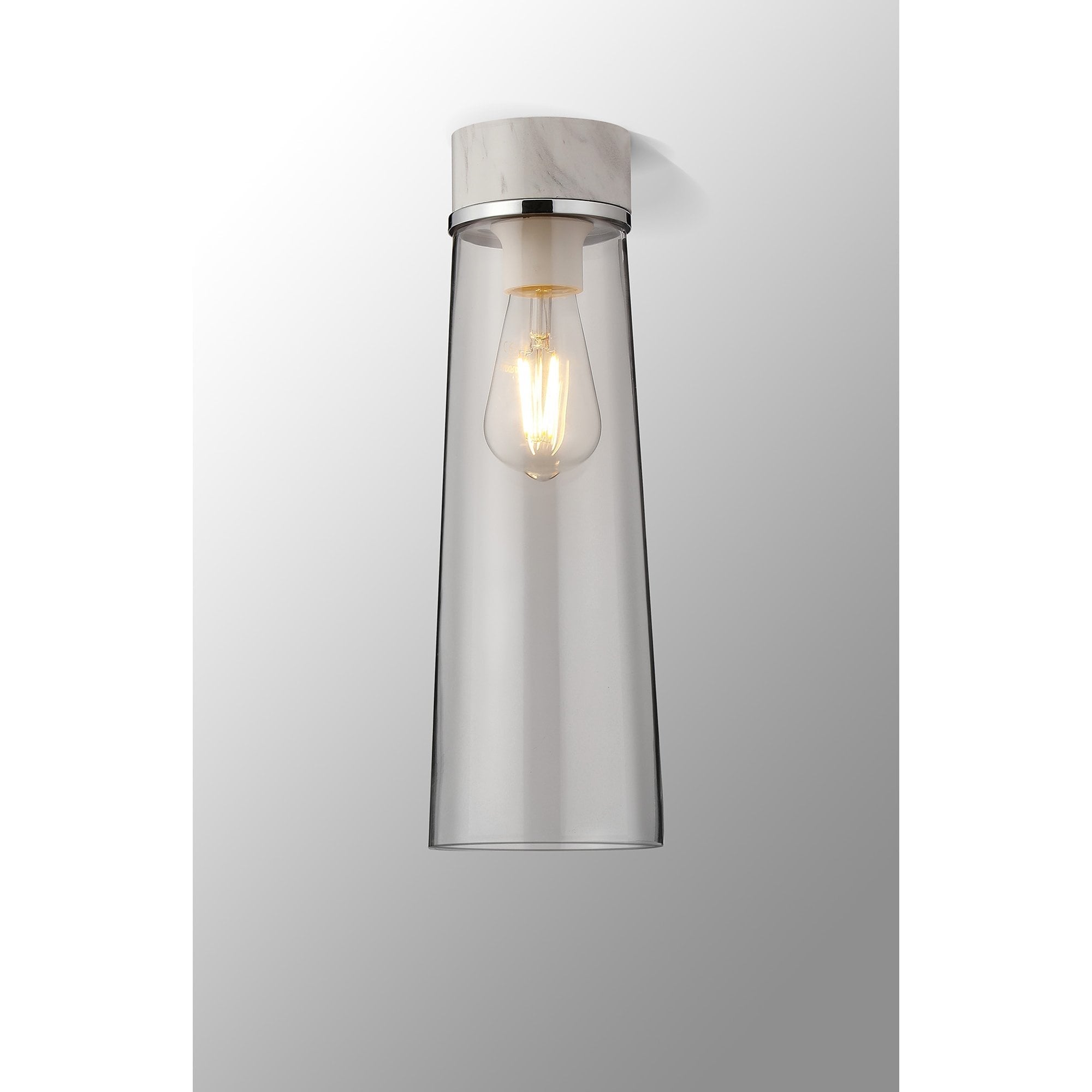Fabula Laurel Single Flush Light - Large Cylindrical Cone Shade - White Marble & Clear Glass