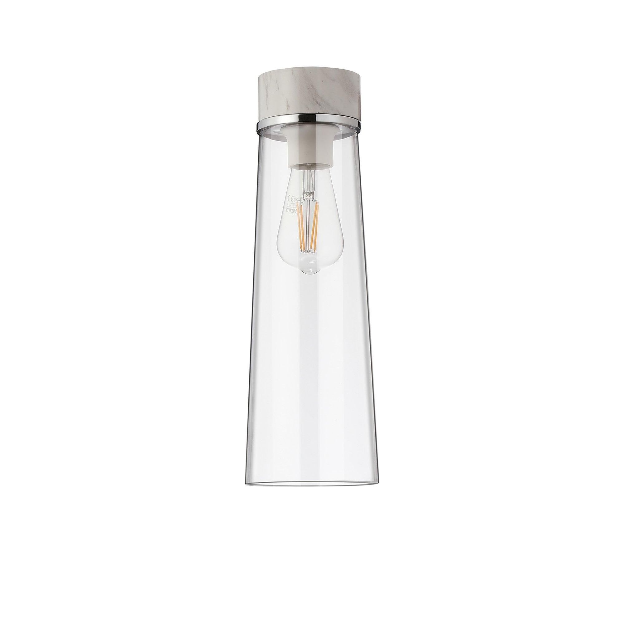 Fabula Laurel Single Flush Light - Large Cylindrical Cone Shade - White Marble & Clear Glass