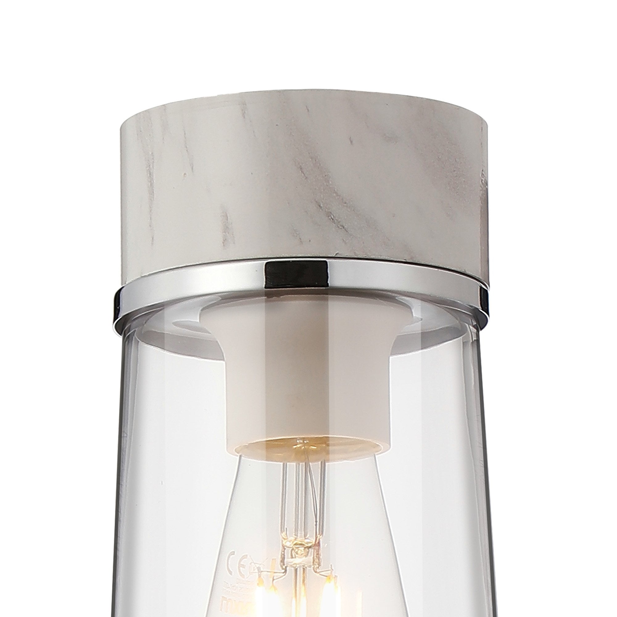 Fabula Laurel Single Flush Light - Large Cylindrical Cone Shade - White Marble & Clear Glass