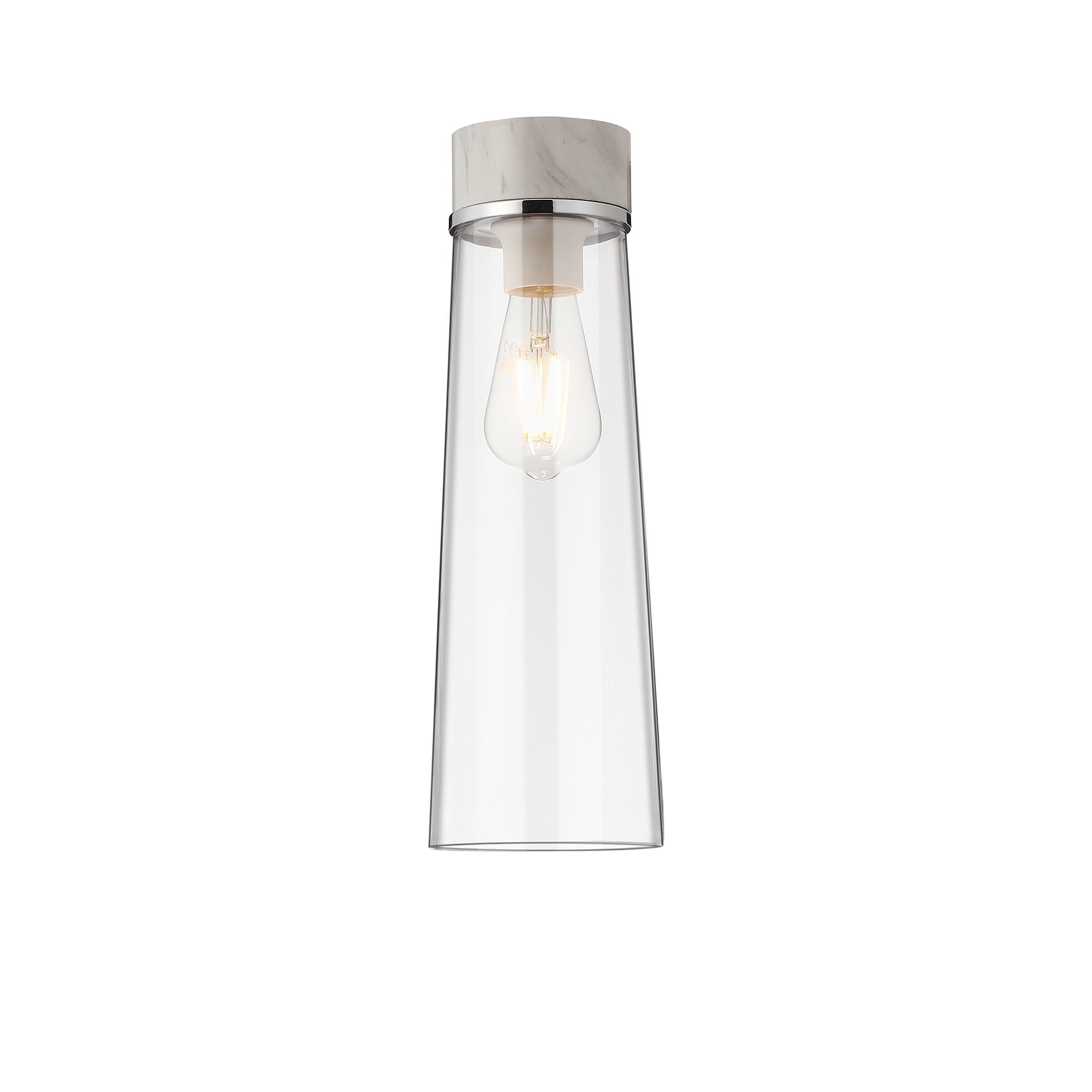 Fabula Laurel Single Flush Light - Large Cylindrical Cone Shade - White Marble & Clear Glass
