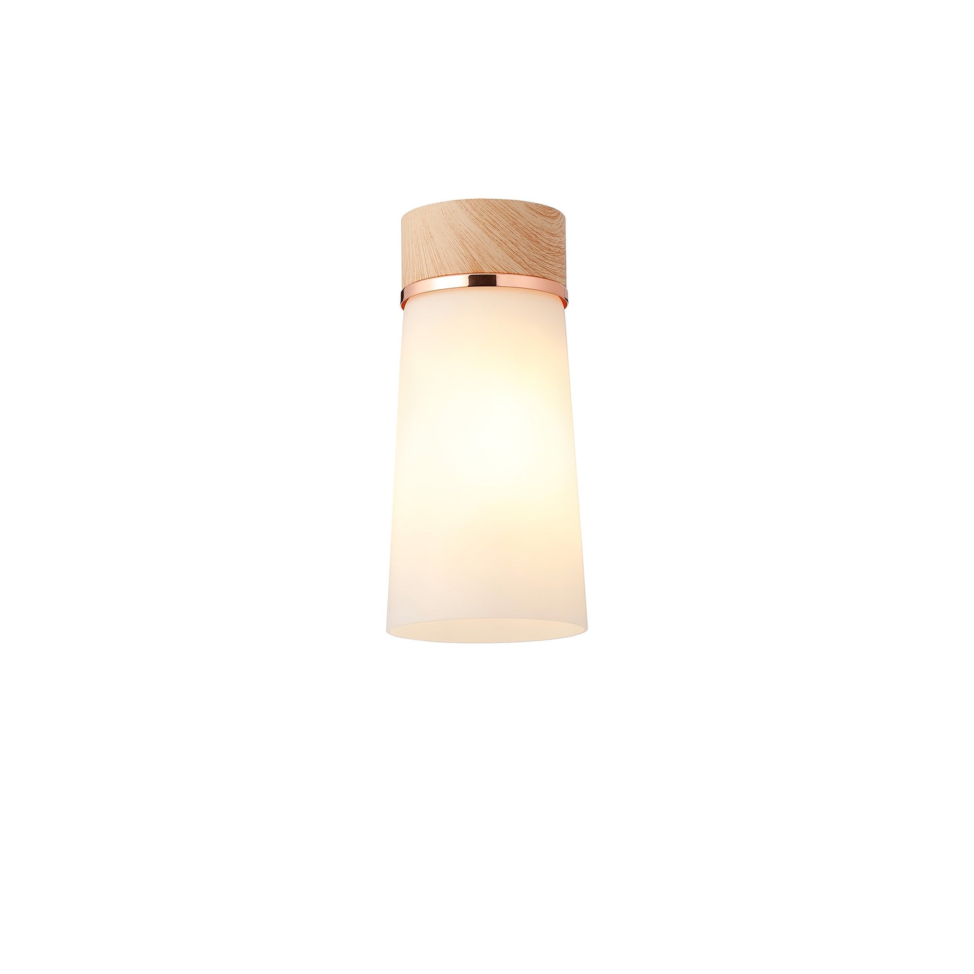 Fabula Laurel Single Flush Light - Small Cylindrical Cone Shade - Teak & Opal Glass