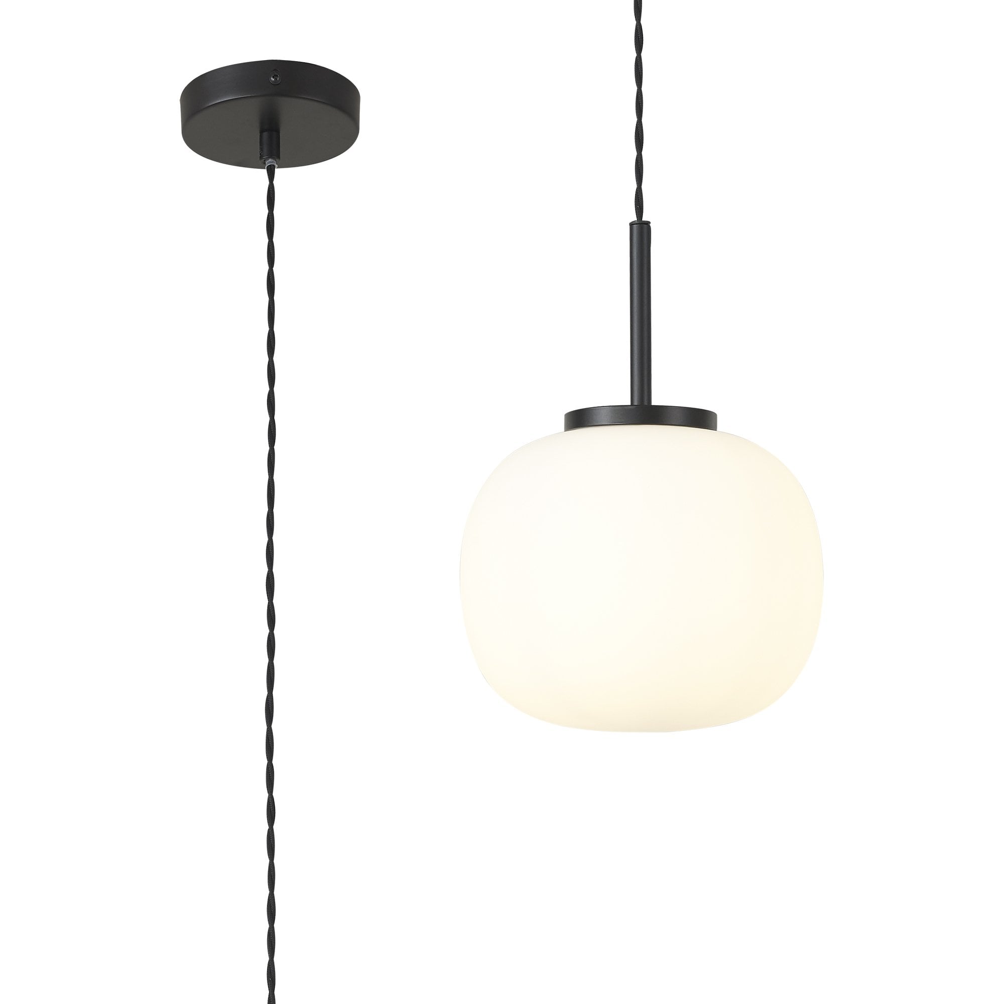 Fabula Littleton Small Single Oval Ball Pendant - Matt Black & Frosted White Glass