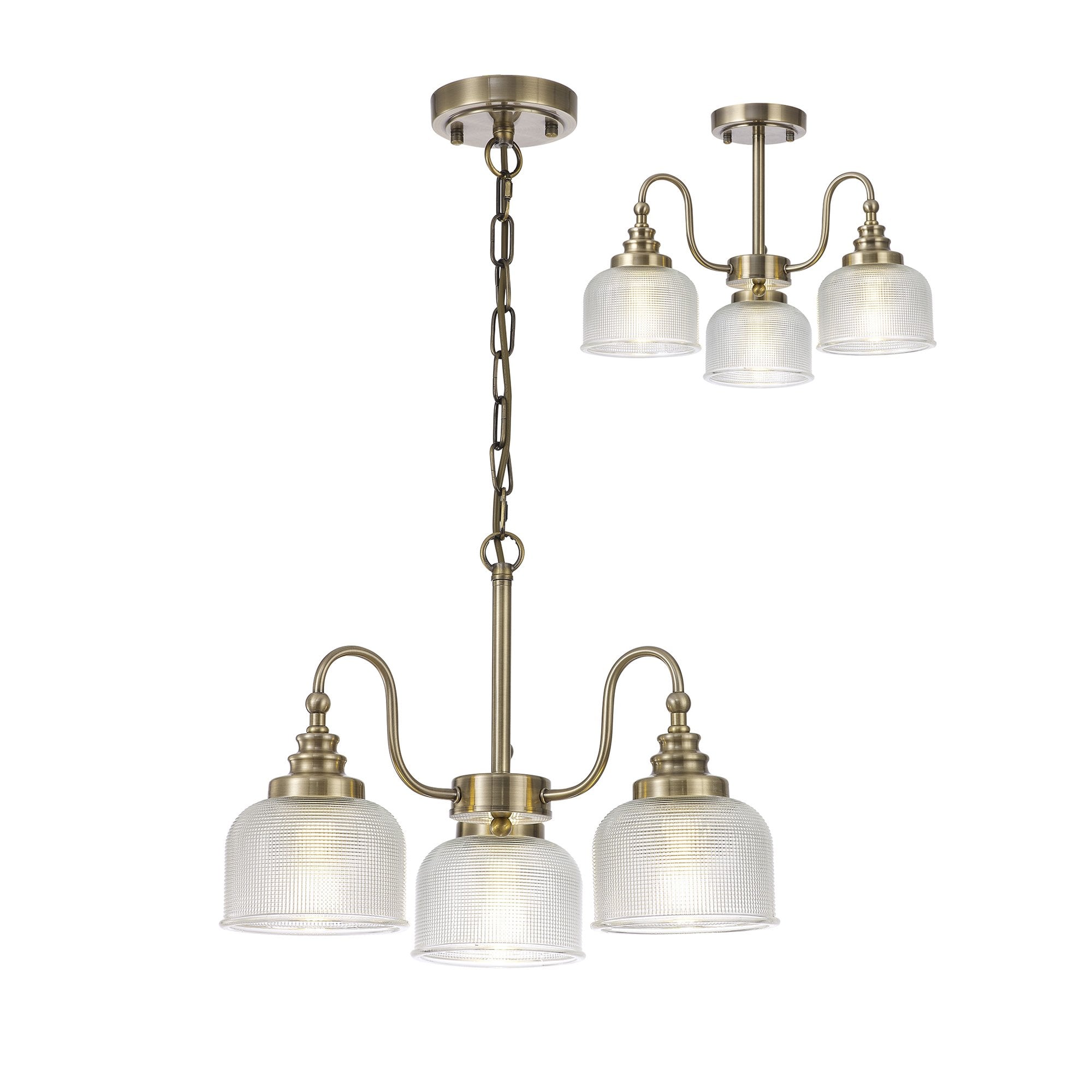 Fabula Maida 3 Light Semi-Flush/Pendant - Antique Brass & Prismatic Glass