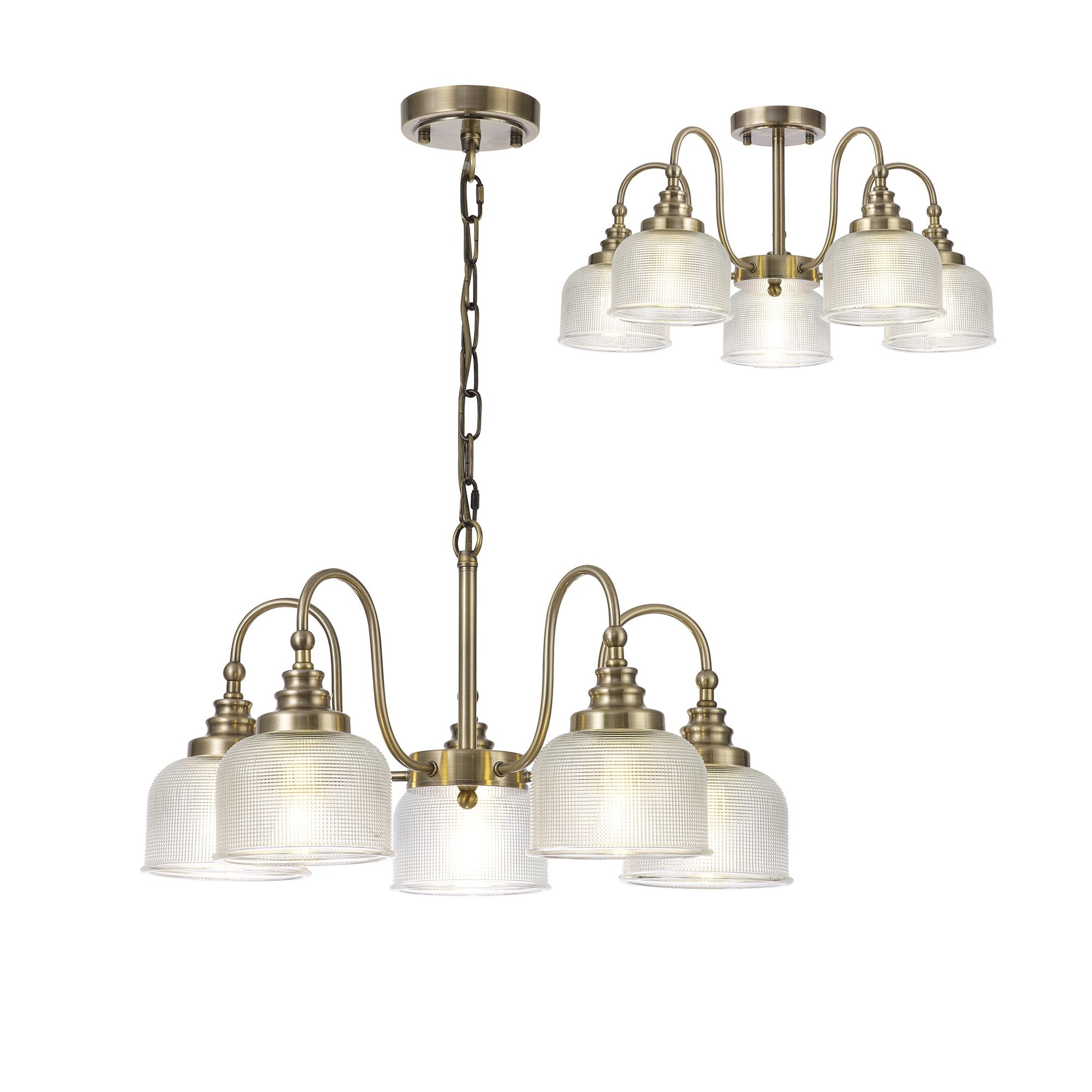 Fabula Maida 5 Light Semi-Flush/Pendant - Antique Brass & Prismatic Glass