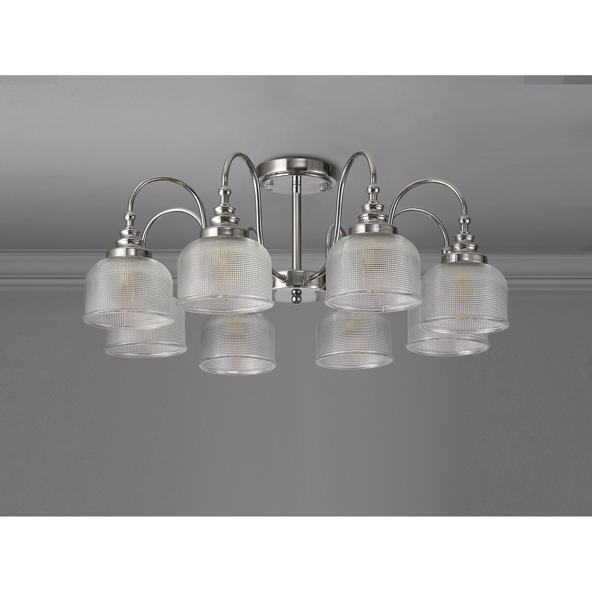 Fabula Maida 8 Light Semi-Flush/Pendant - Polished Nickel & Prismatic Glass