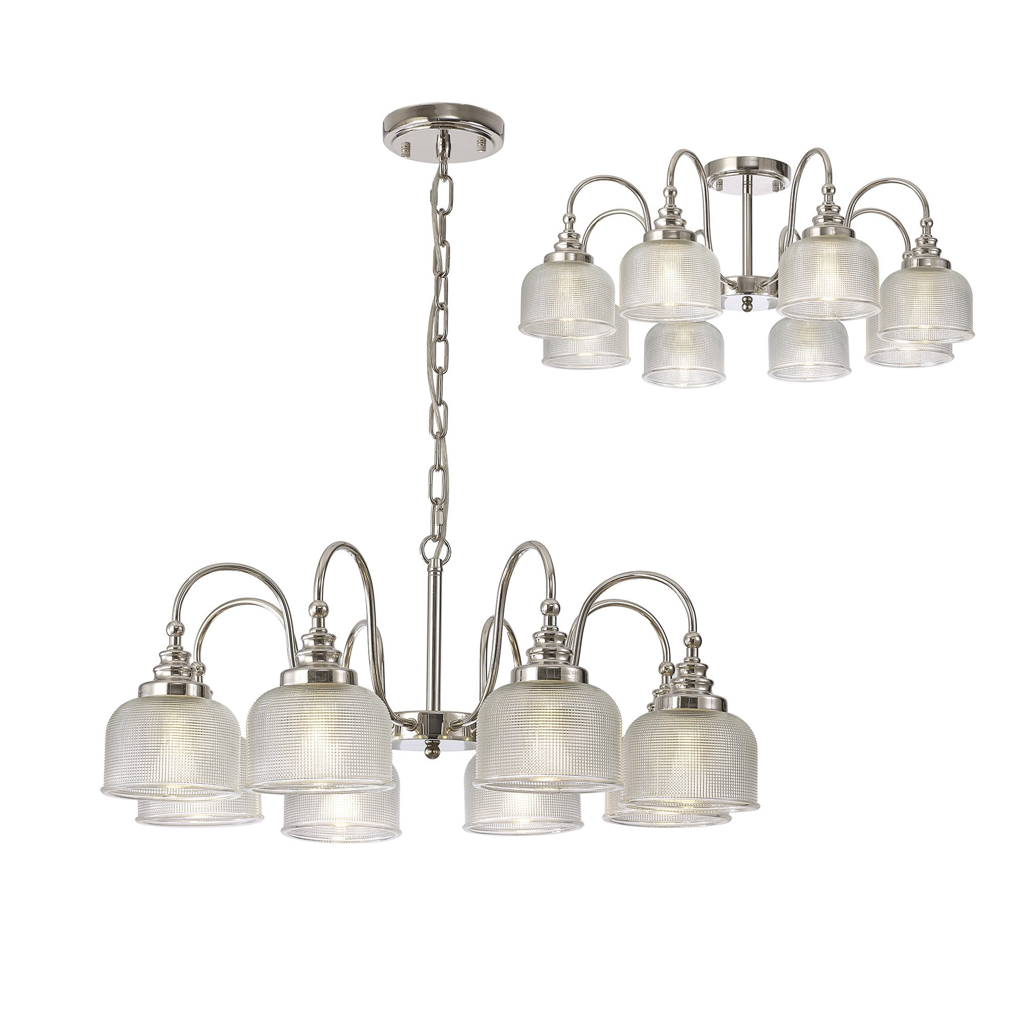 Fabula Maida 8 Light Semi-Flush/Pendant - Polished Nickel & Prismatic Glass