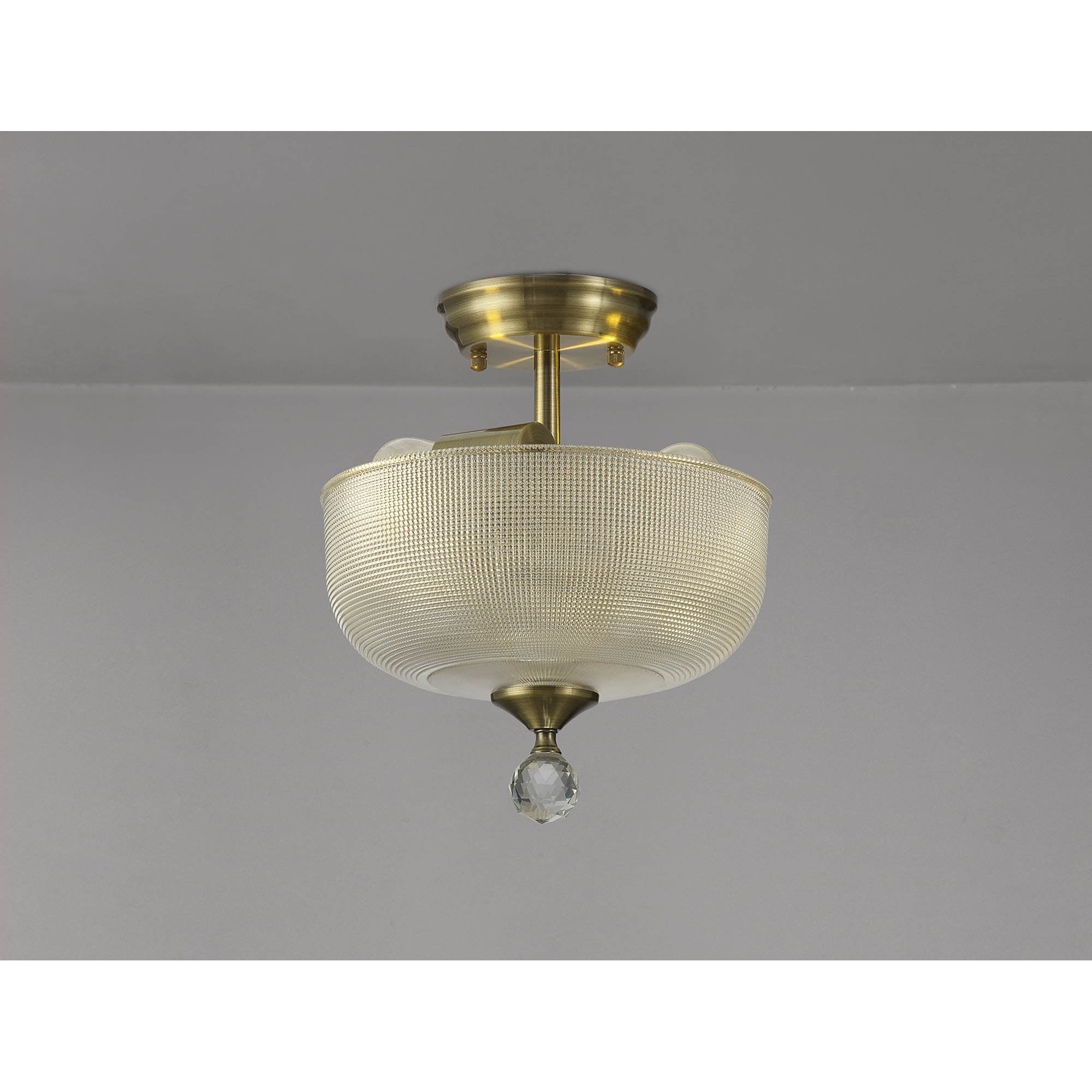 Fabula Mansfield 2 Light Semi-Flush Light - 26.5cm Round Prismatic Effect Glass Shade - Antique Brass & Clear Glass