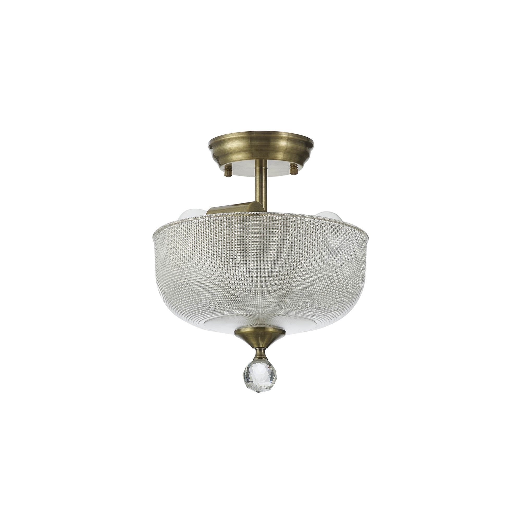 Fabula Mansfield 2 Light Semi-Flush Light - 26.5cm Round Prismatic Effect Glass Shade - Antique Brass & Clear Glass