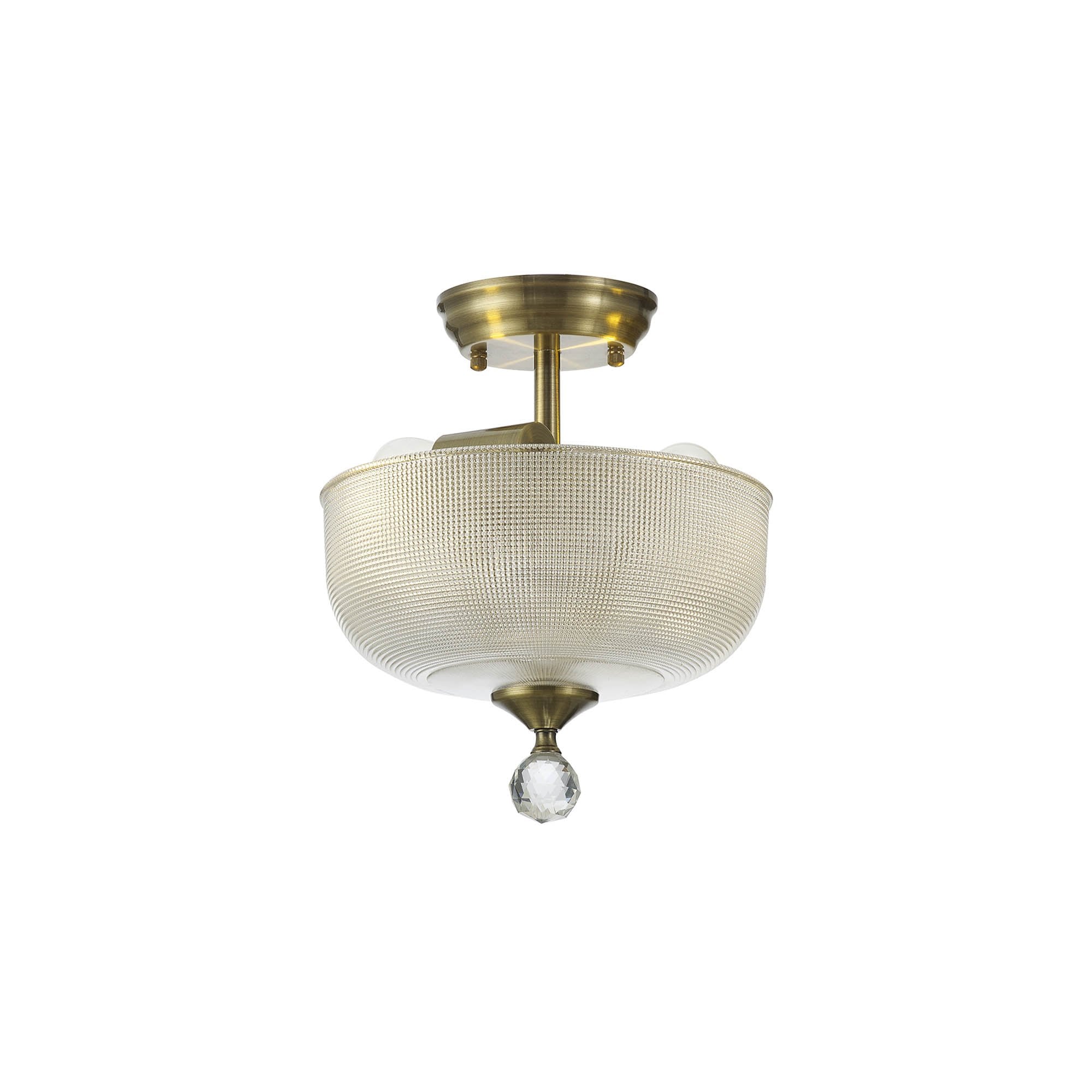 Fabula Mansfield 2 Light Semi-Flush Light - 26.5cm Round Prismatic Effect Glass Shade - Antique Brass & Clear Glass