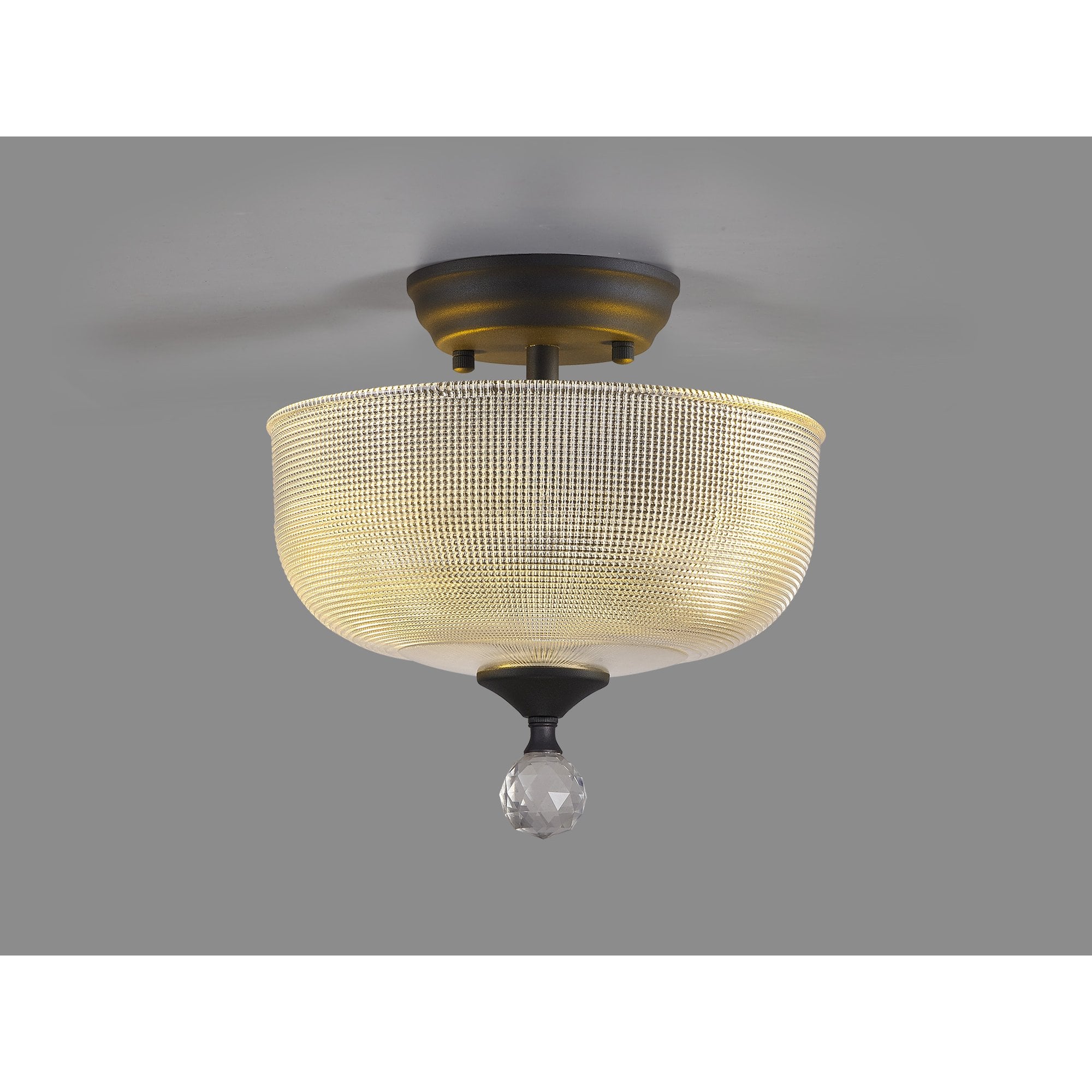 Fabula Mansfield 2 Light Semi-Flush Light - 26.5cm Round Prismatic Effect Glass Shade - Graphite & Clear Glass