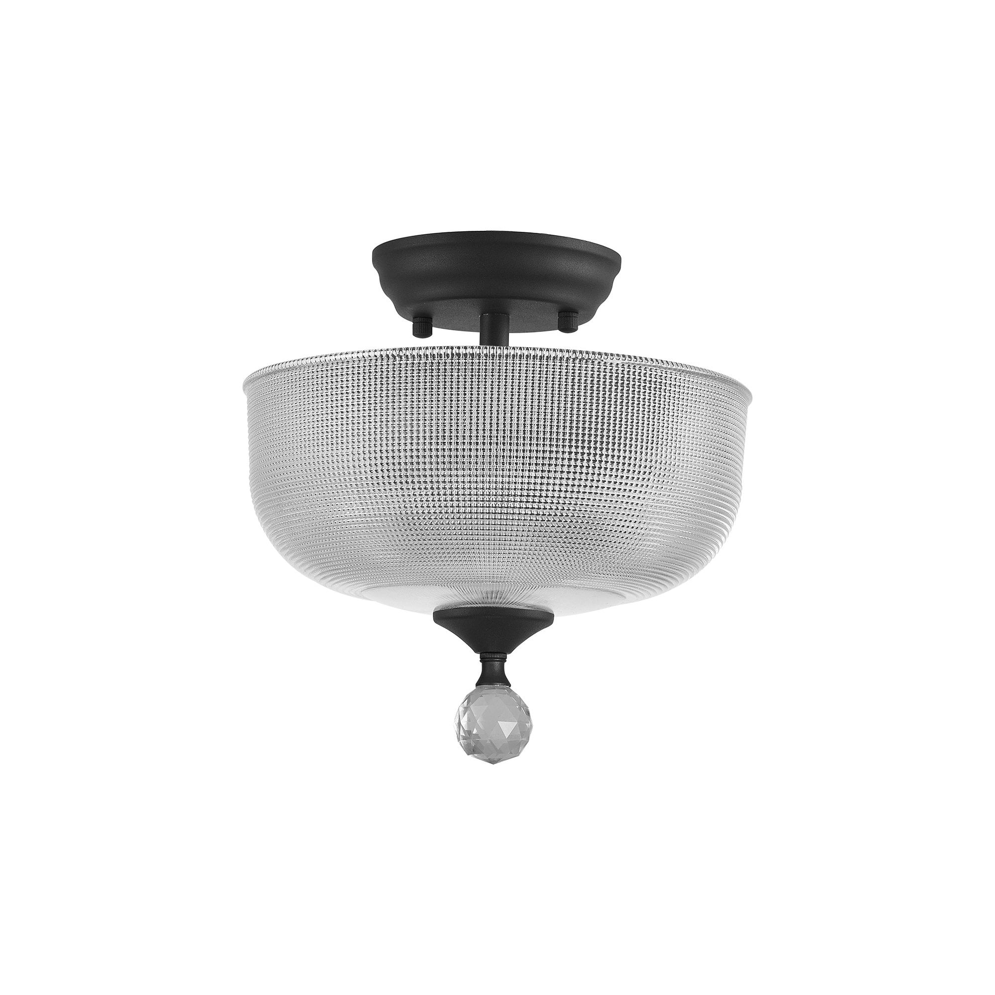 Fabula Mansfield 2 Light Semi-Flush Light - 26.5cm Round Prismatic Effect Glass Shade - Graphite & Clear Glass