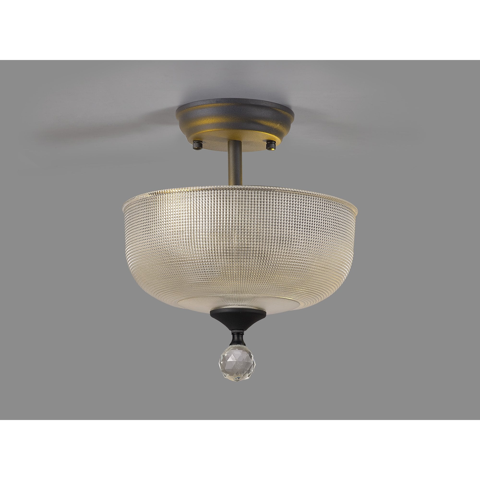Fabula Mansfield 2 Light Semi-Flush Light - 26.5cm Round Prismatic Effect Glass Shade - Graphite & Clear Glass