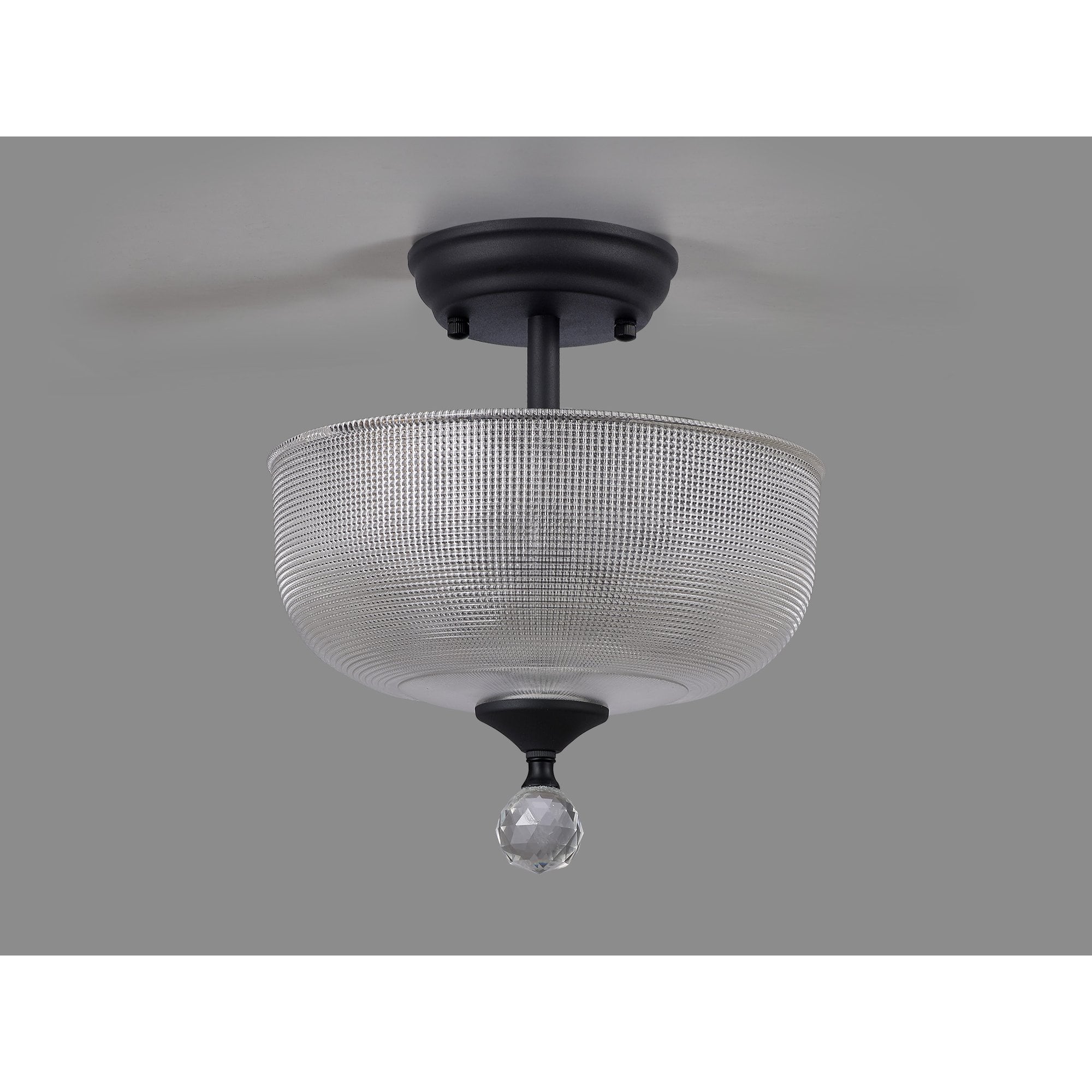 Fabula Mansfield 2 Light Semi-Flush Light - 26.5cm Round Prismatic Effect Glass Shade - Graphite & Clear Glass
