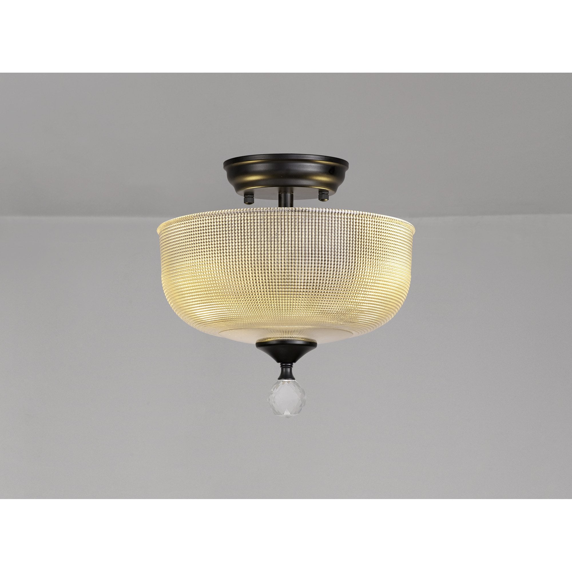 Fabula Mansfield 2 Light Semi-Flush Light - 26.5cm Round Prismatic Effect Glass Shade - Matt Black & Clear Glass