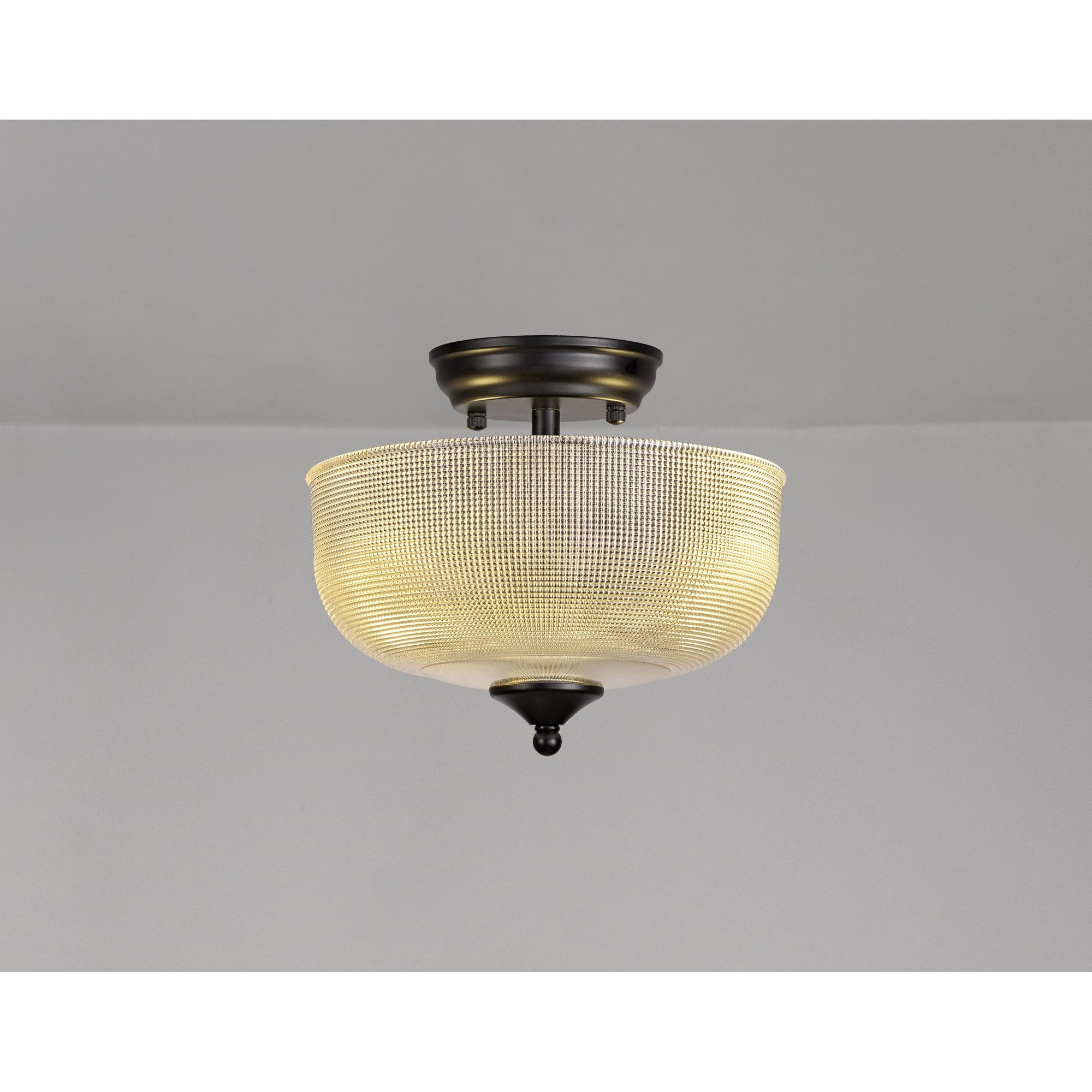 Fabula Mansfield 2 Light Semi-Flush Light - 26.5cm Round Prismatic Effect Glass Shade - Matt Black & Clear Glass