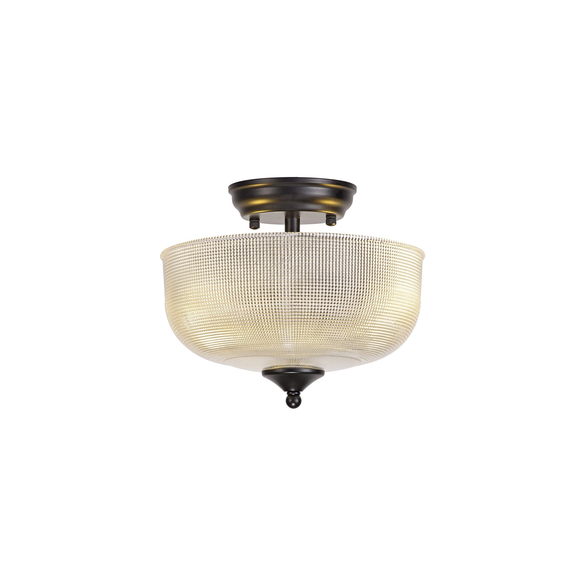 Fabula Mansfield 2 Light Semi-Flush Light - 26.5cm Round Prismatic Effect Glass Shade - Matt Black & Clear Glass