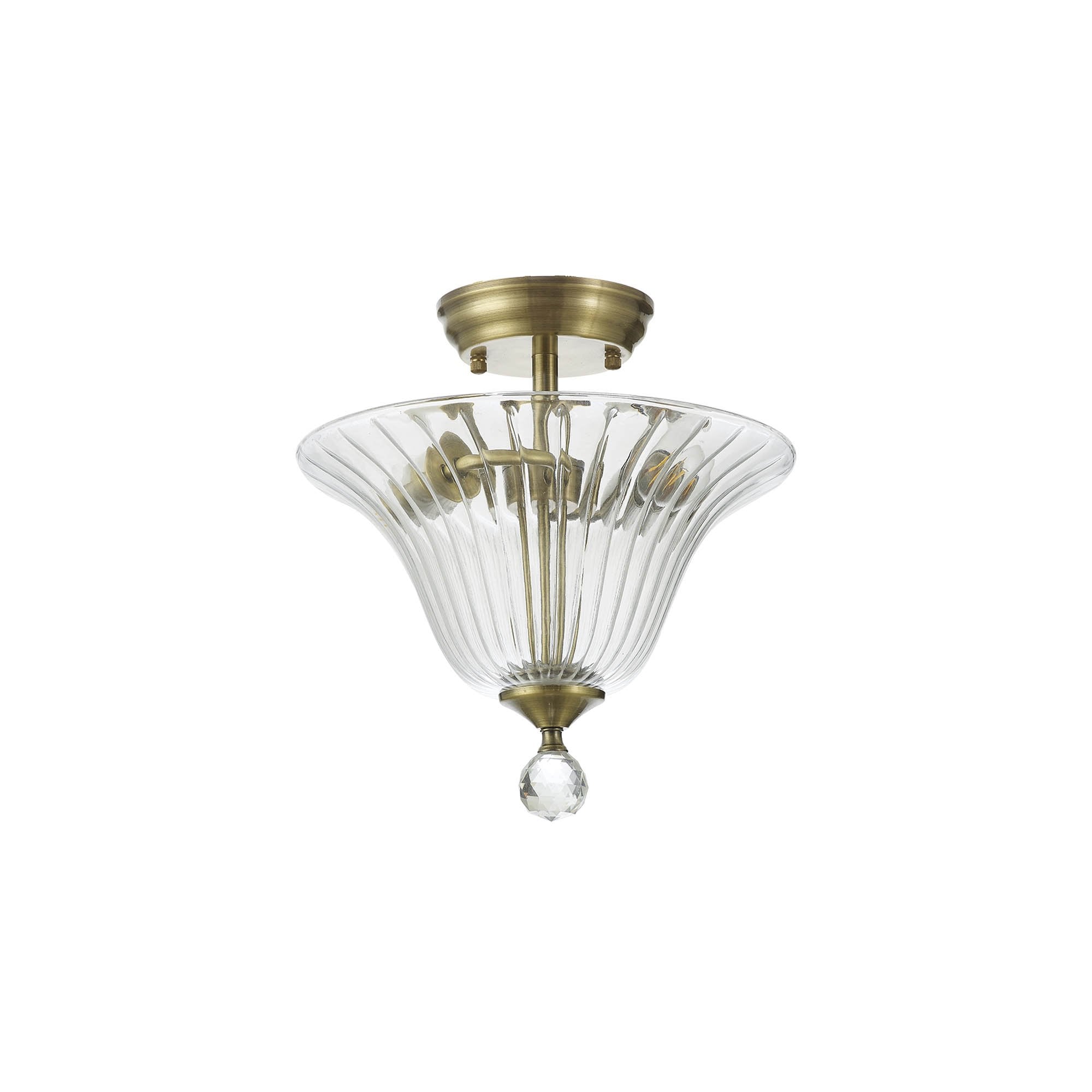 Fabula Mansfield 2 Light Semi-Flush Light - 30cm Bell Glass Shade - Antique Brass & Clear Glass