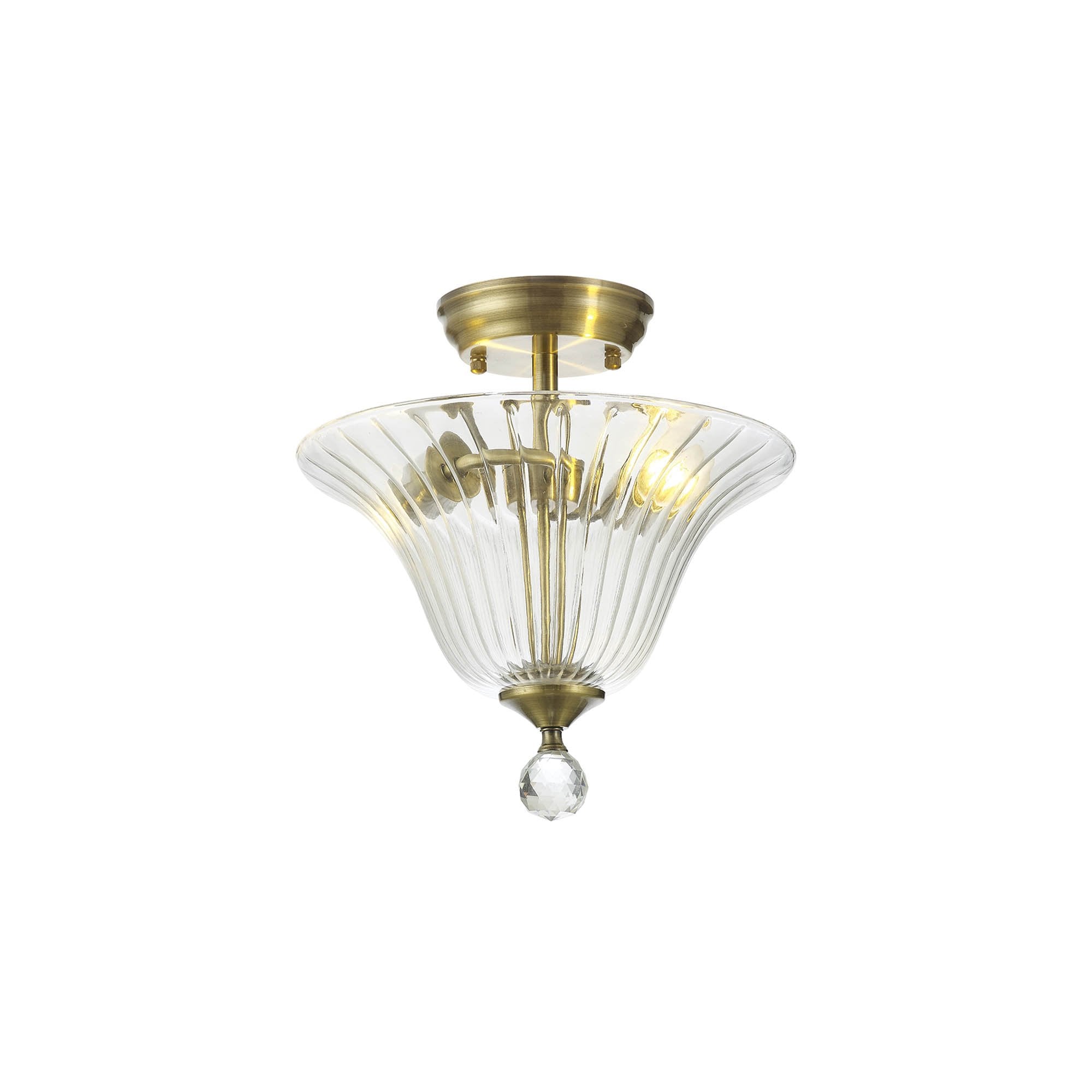 Fabula Mansfield 2 Light Semi-Flush Light - 30cm Bell Glass Shade - Antique Brass & Clear Glass