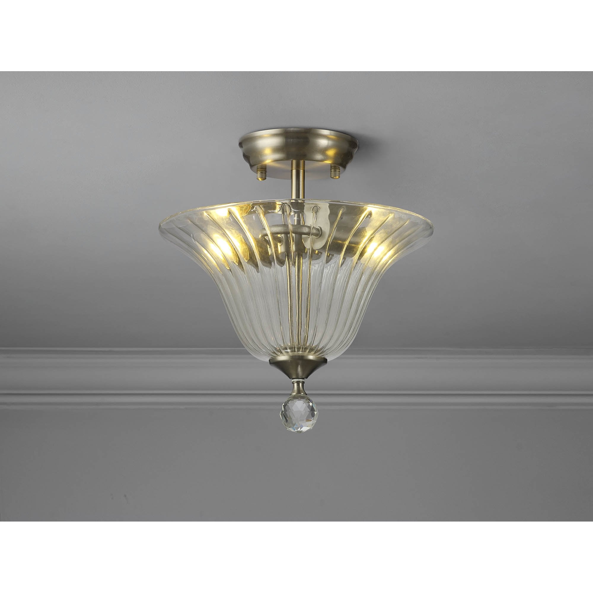 Fabula Mansfield 2 Light Semi-Flush Light - 30cm Bell Glass Shade - Satin Nickel & Clear Glass