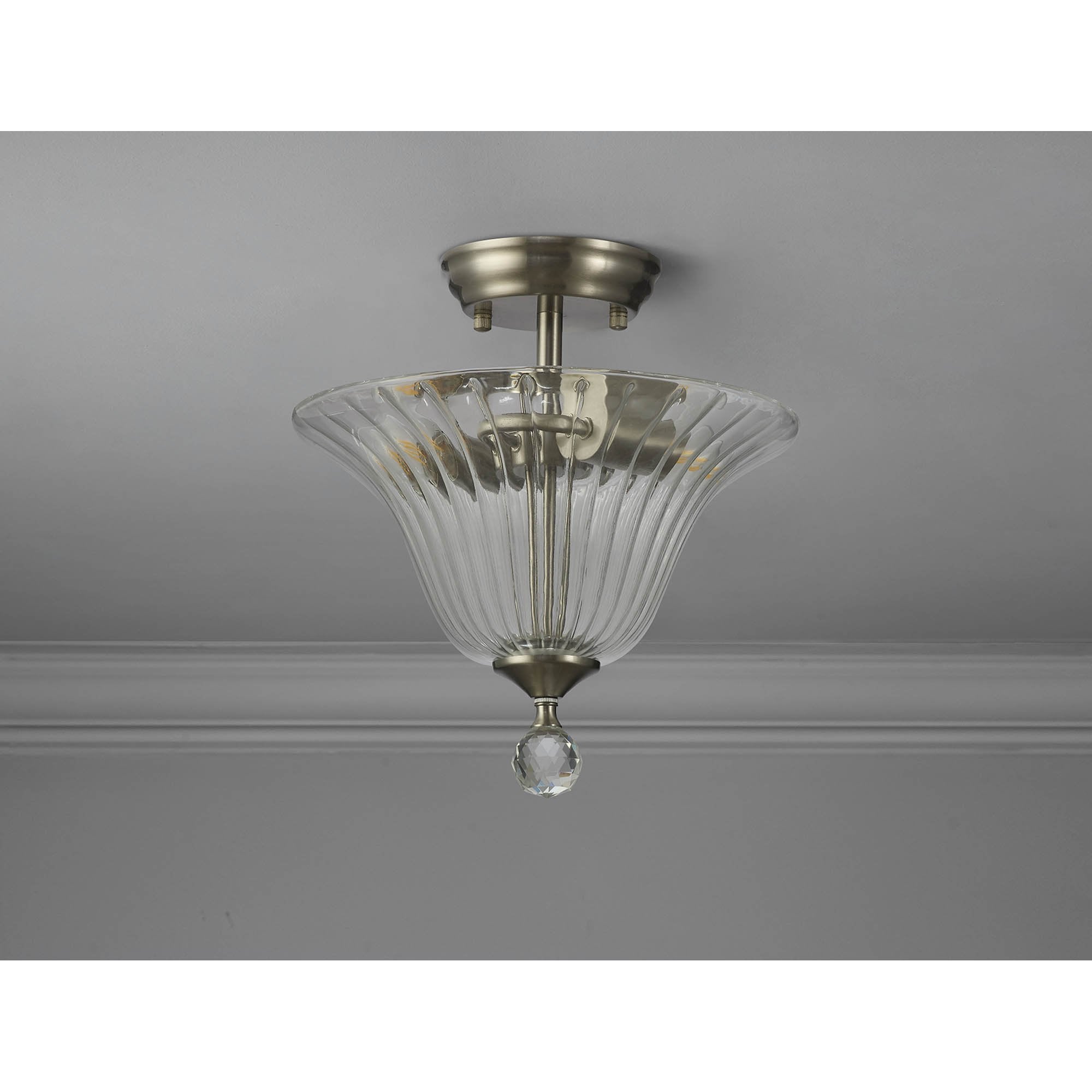 Fabula Mansfield 2 Light Semi-Flush Light - 30cm Bell Glass Shade - Satin Nickel & Clear Glass