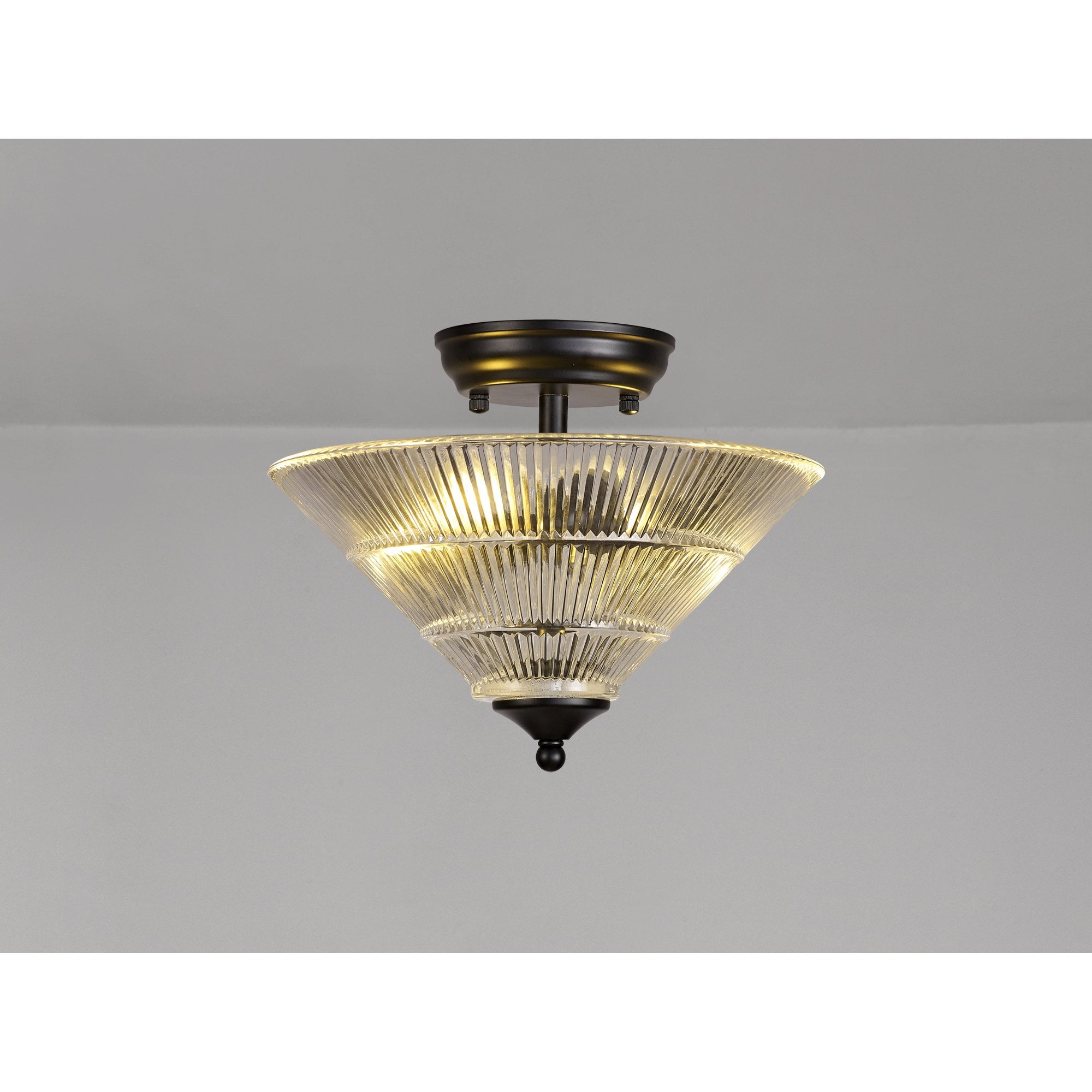 Fabula Mansfield 2 Light Semi-Flush Light - 30cm Cone Glass Shade - Matt Black & Clear Glass