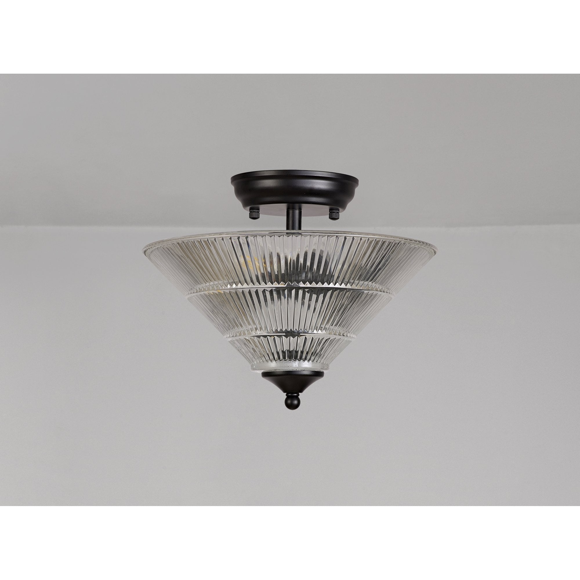 Fabula Mansfield 2 Light Semi-Flush Light - 30cm Cone Glass Shade - Matt Black & Clear Glass