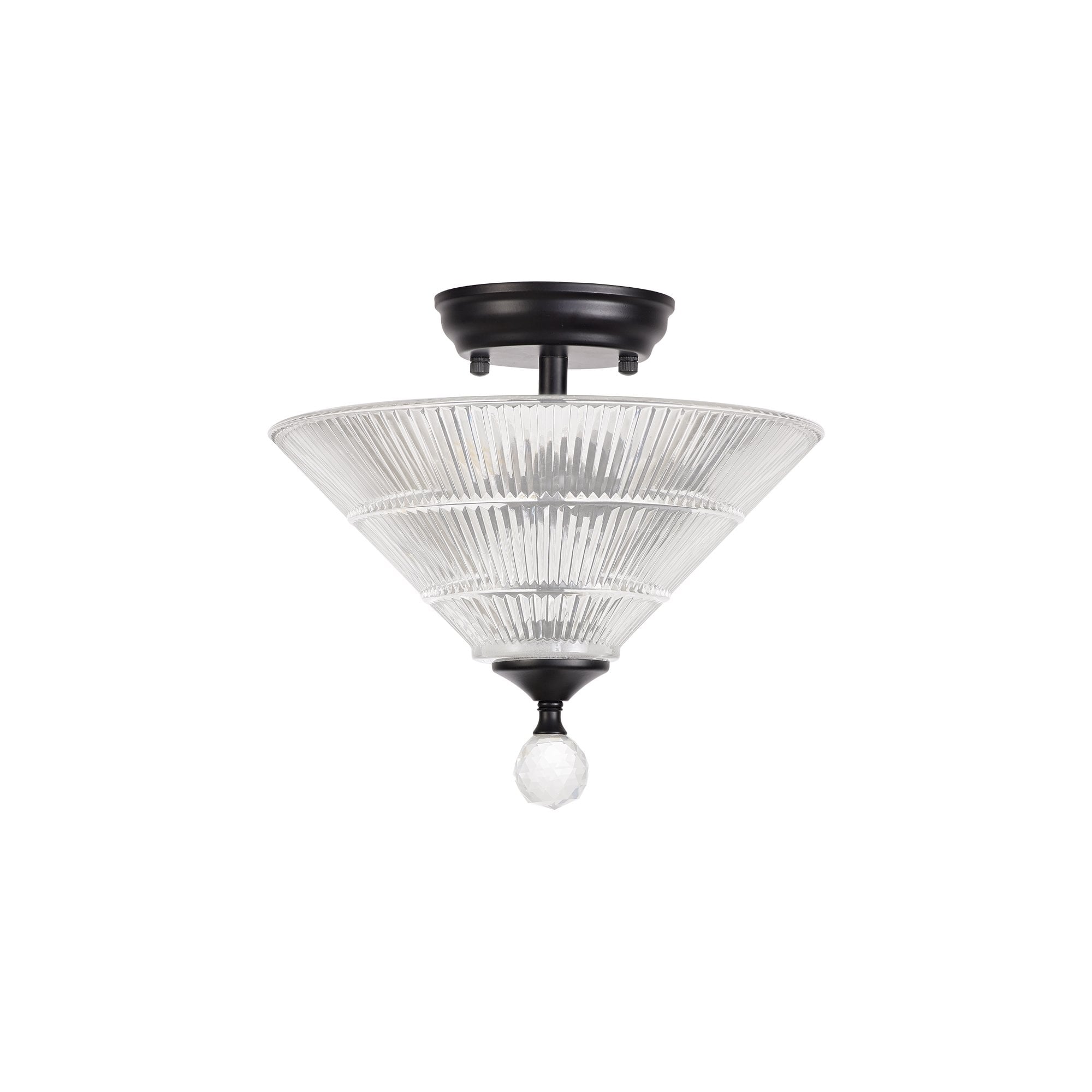 Fabula Mansfield 2 Light Semi-Flush Light - 30cm Cone Glass Shade - Matt Black & Clear Glass