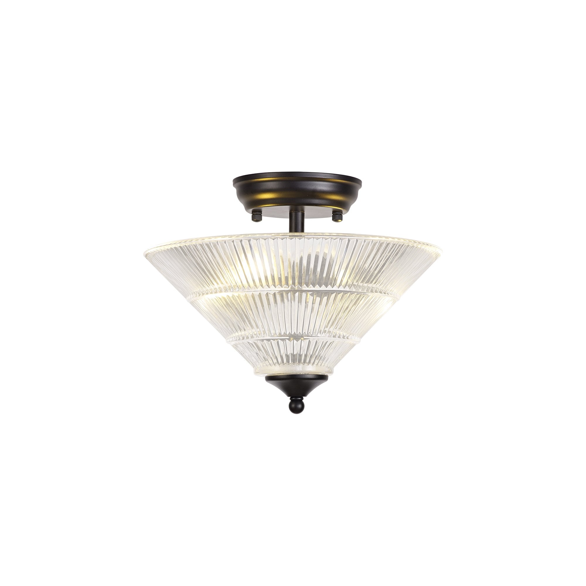 Fabula Mansfield 2 Light Semi-Flush Light - 30cm Cone Glass Shade - Matt Black & Clear Glass